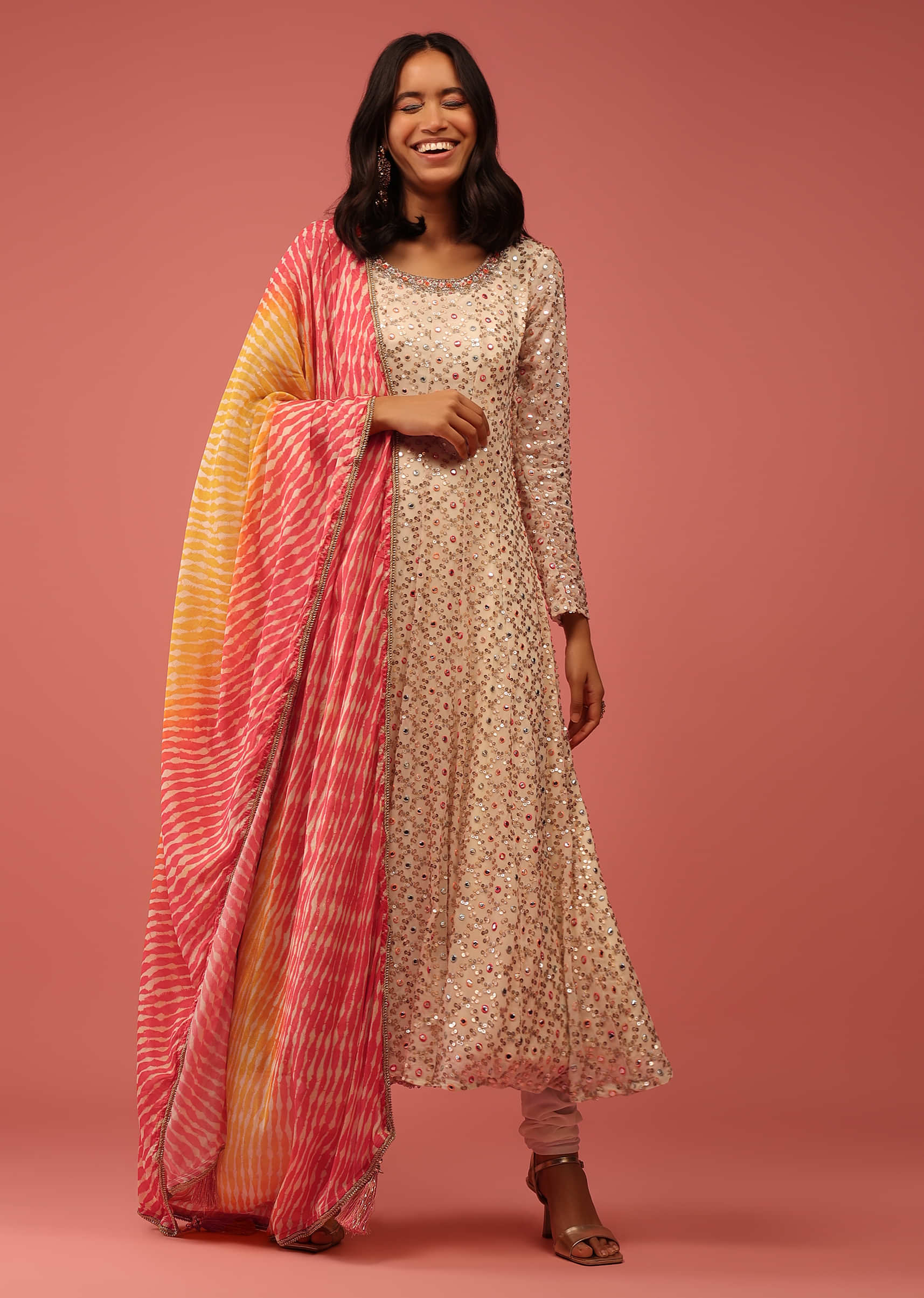 Off-White Anarkali Suit In Georgette With Multicolor Lehariya Dupatta And Embroidery