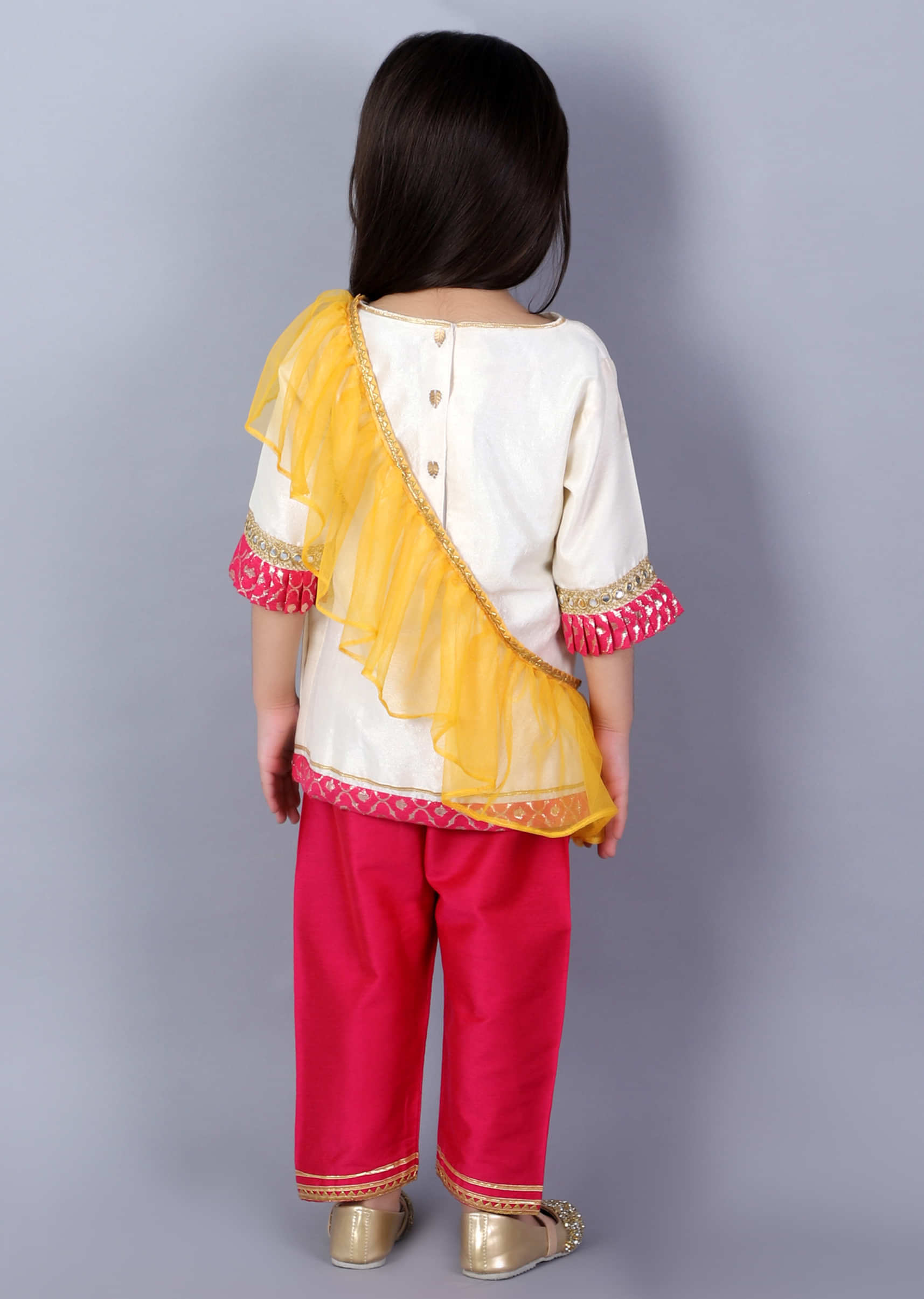 Kalki Girls Off White And Pink Kurta Set With Zari Embroidery And Yellow Ruffle Dupatta