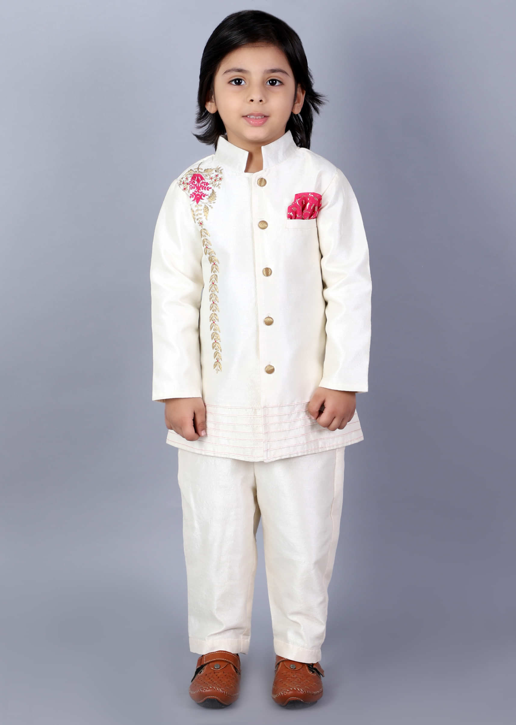 Kalki Boys Off White Bandhgala Set In Raw Silk With Embroidery Detailing And Pink Pocket Square
