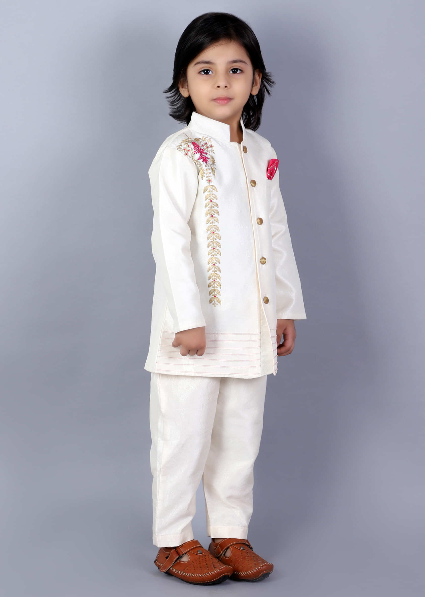Kalki Boys Off White Bandhgala Set In Raw Silk With Embroidery Detailing And Pink Pocket Square