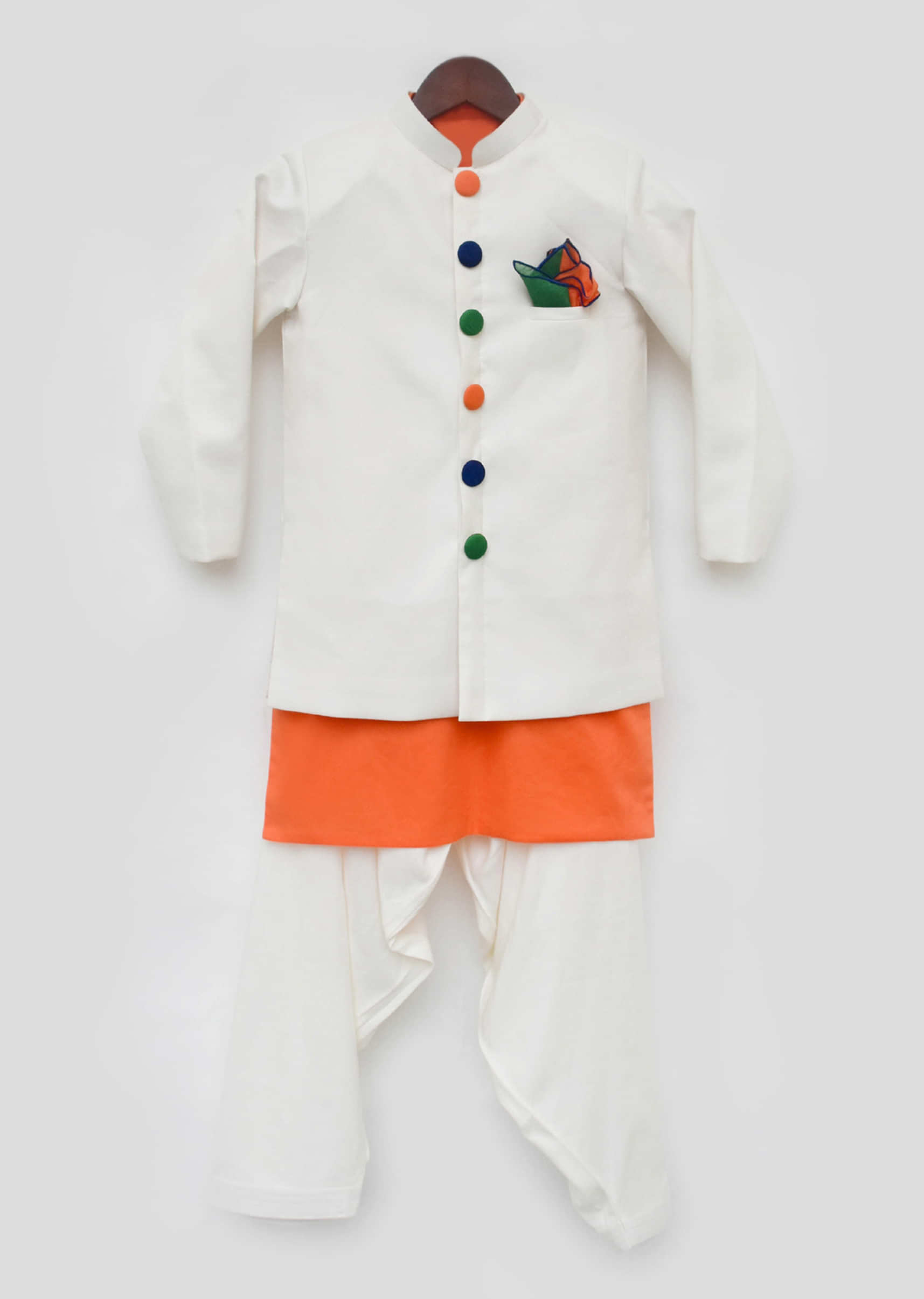 Kalki Boys Off white jacket with orange kurta and salwar pants by fayon kids