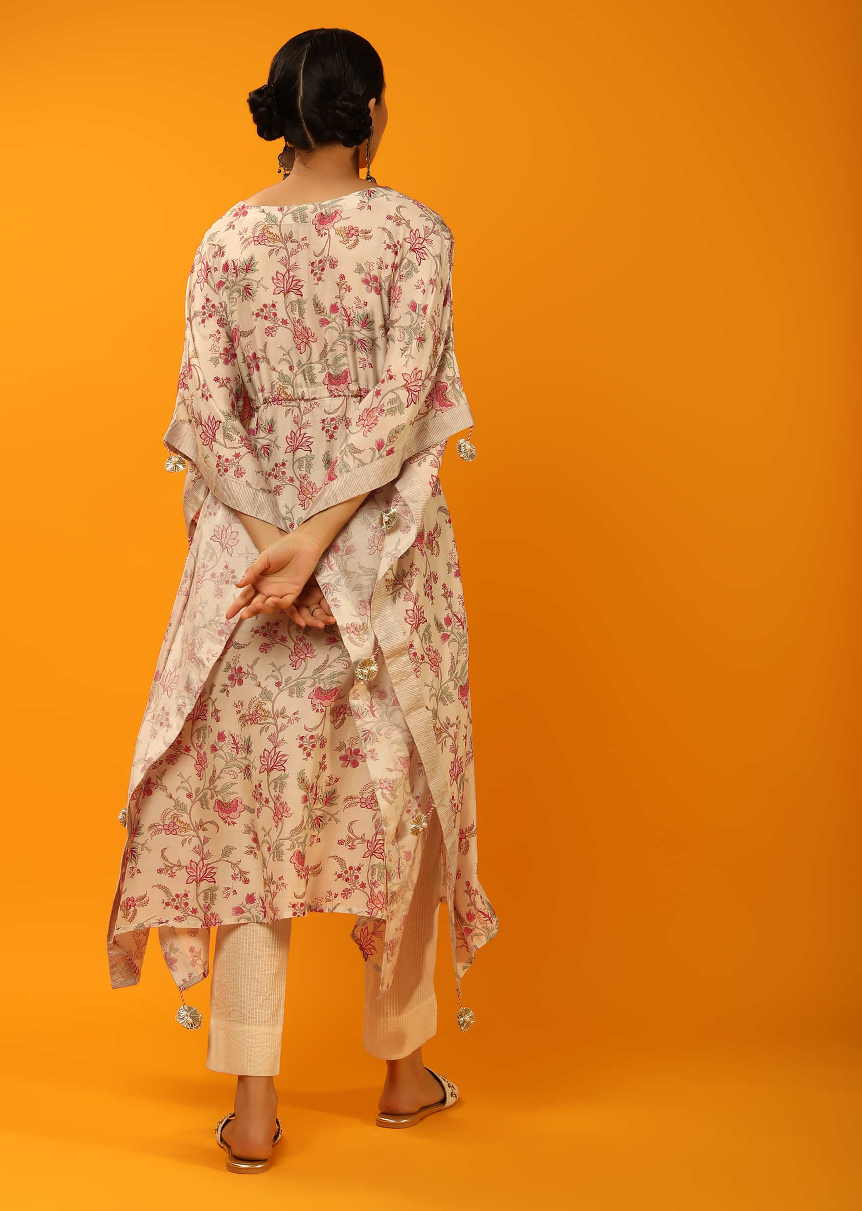 Off White Kaftan In Cotton With Multi Colored Floral Print And Mirror Work Online - Re By Kalki