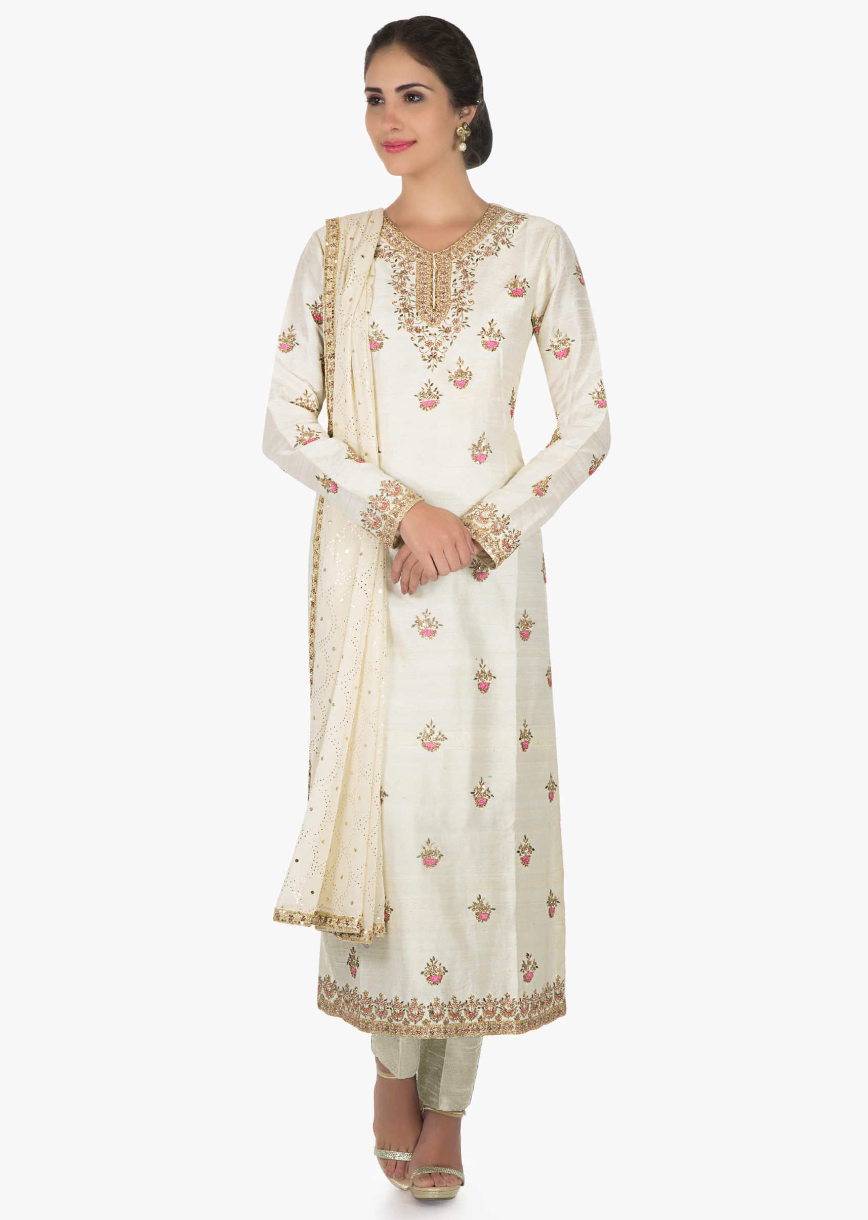 Off white suit in tussar silk adorn with zardosi and frenchknot embroidery butti work only on Kalki