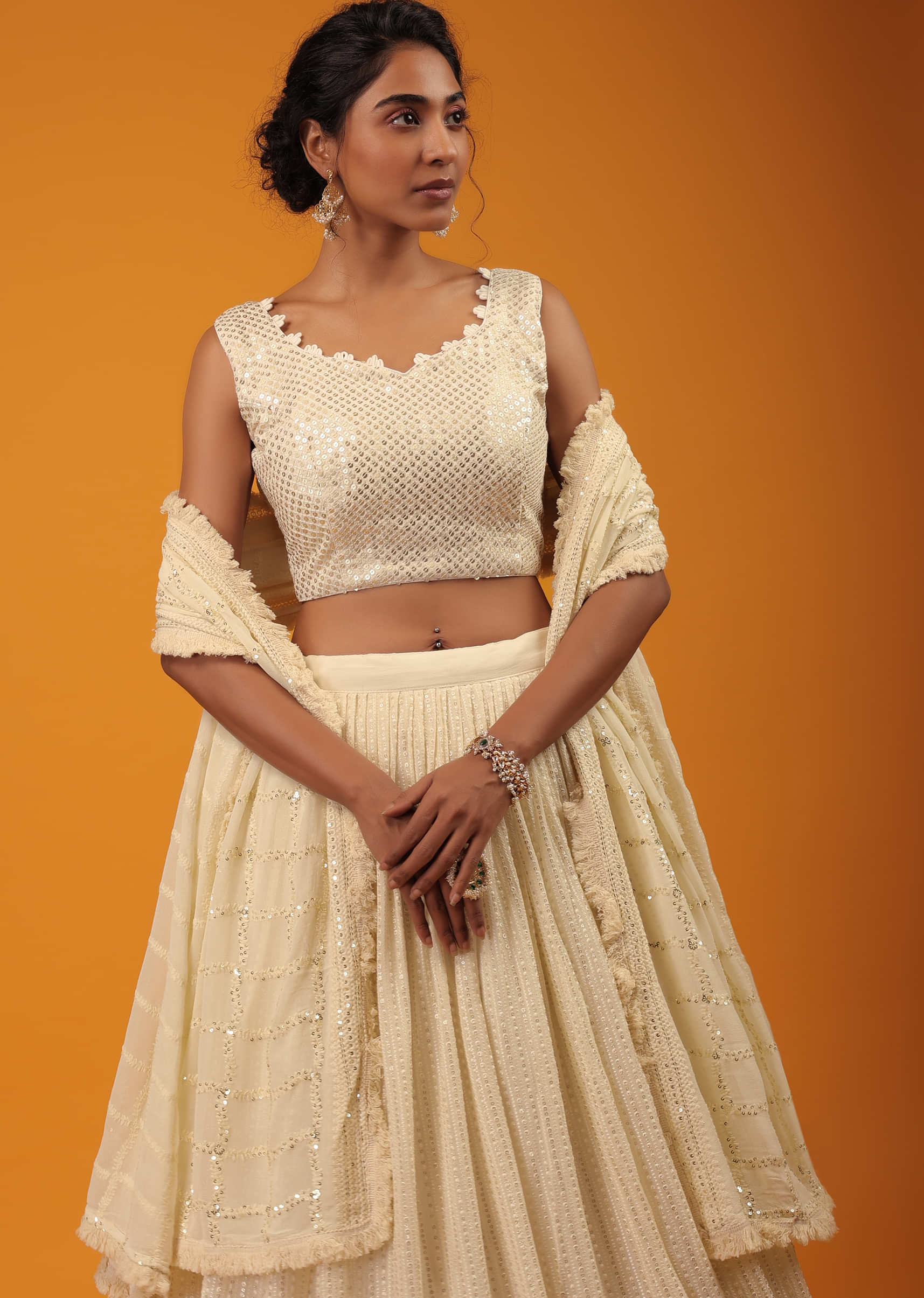 Off White Lehenga And Crop Top Made With Lucknowi Thread Embroidery