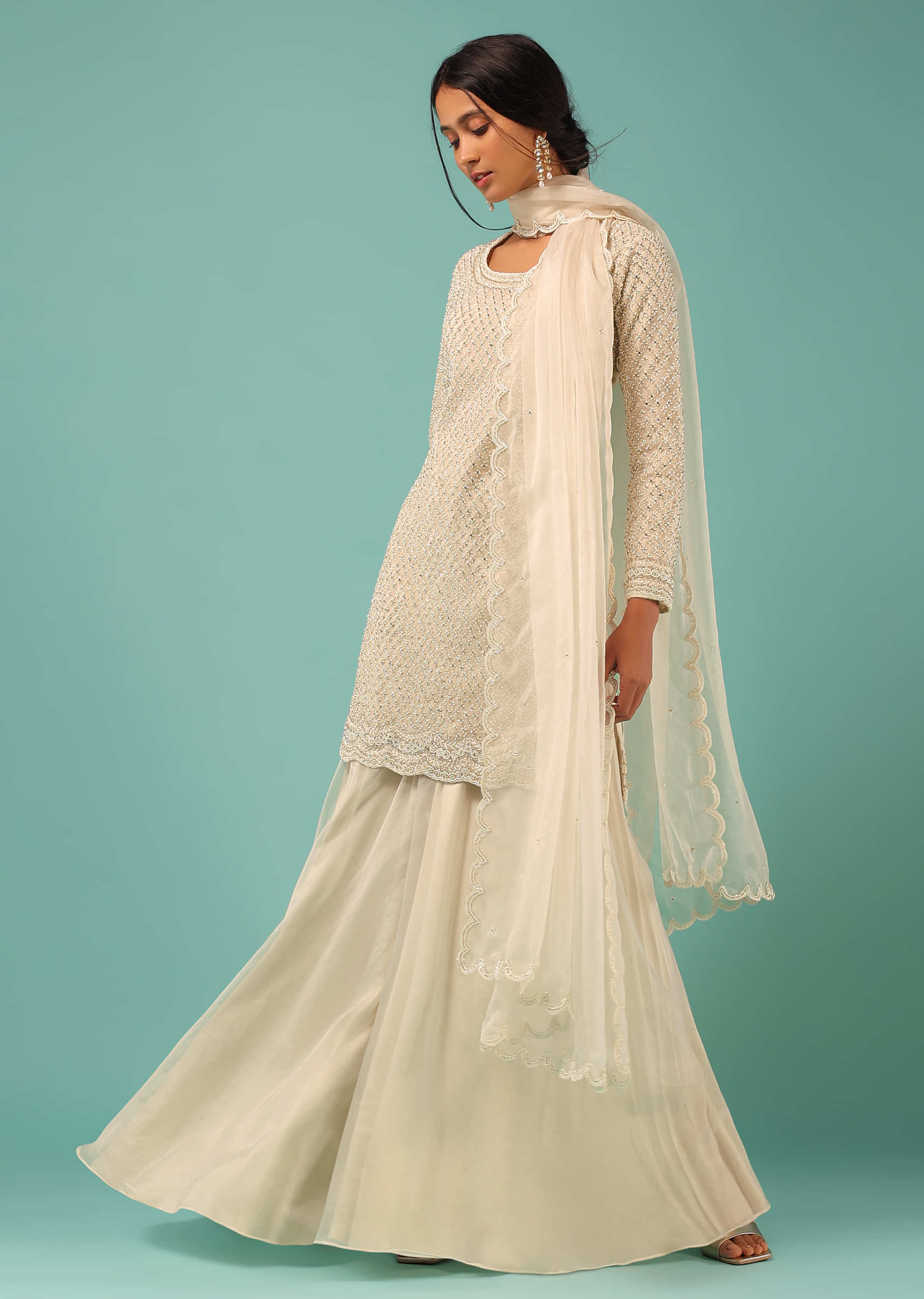 Off White Palazzo Suit With Moti And Cut Dana Embroidered Mesh Design And Full Sleeves