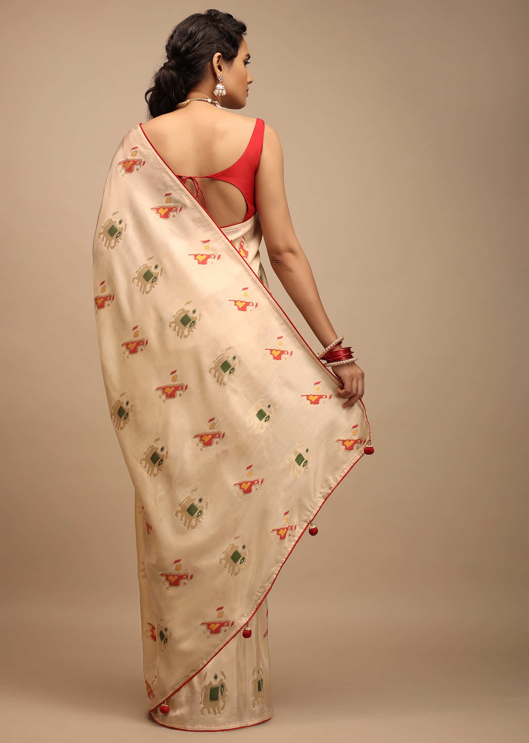 Off White Saree In Dola Silk With Woven Patola Buttis And Red Unstitched Blouse