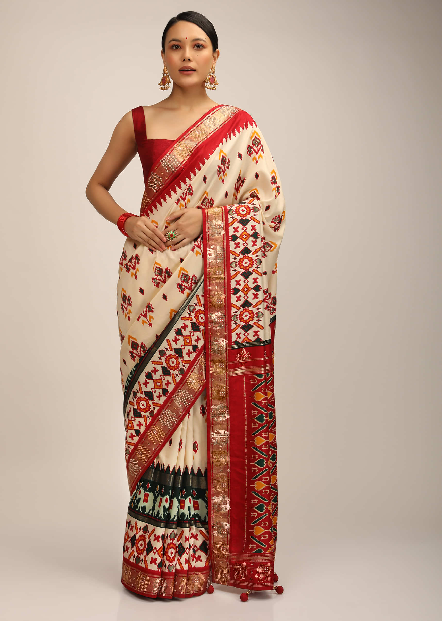 Off White Saree In Silk With Multi Colored Patola Print And Maroon Pallu