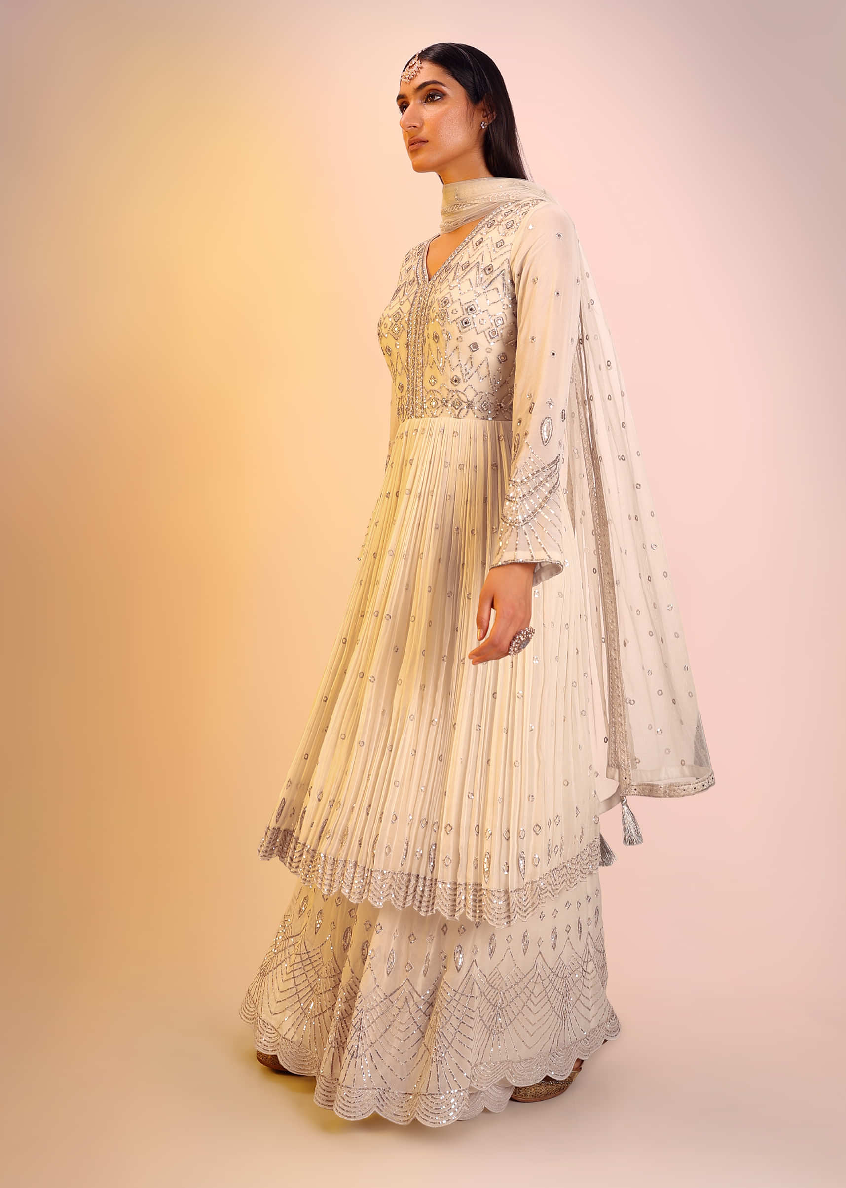 Off White Sharara Suit In Georgette With Sequins And Mirror Embroidered Geometric Design