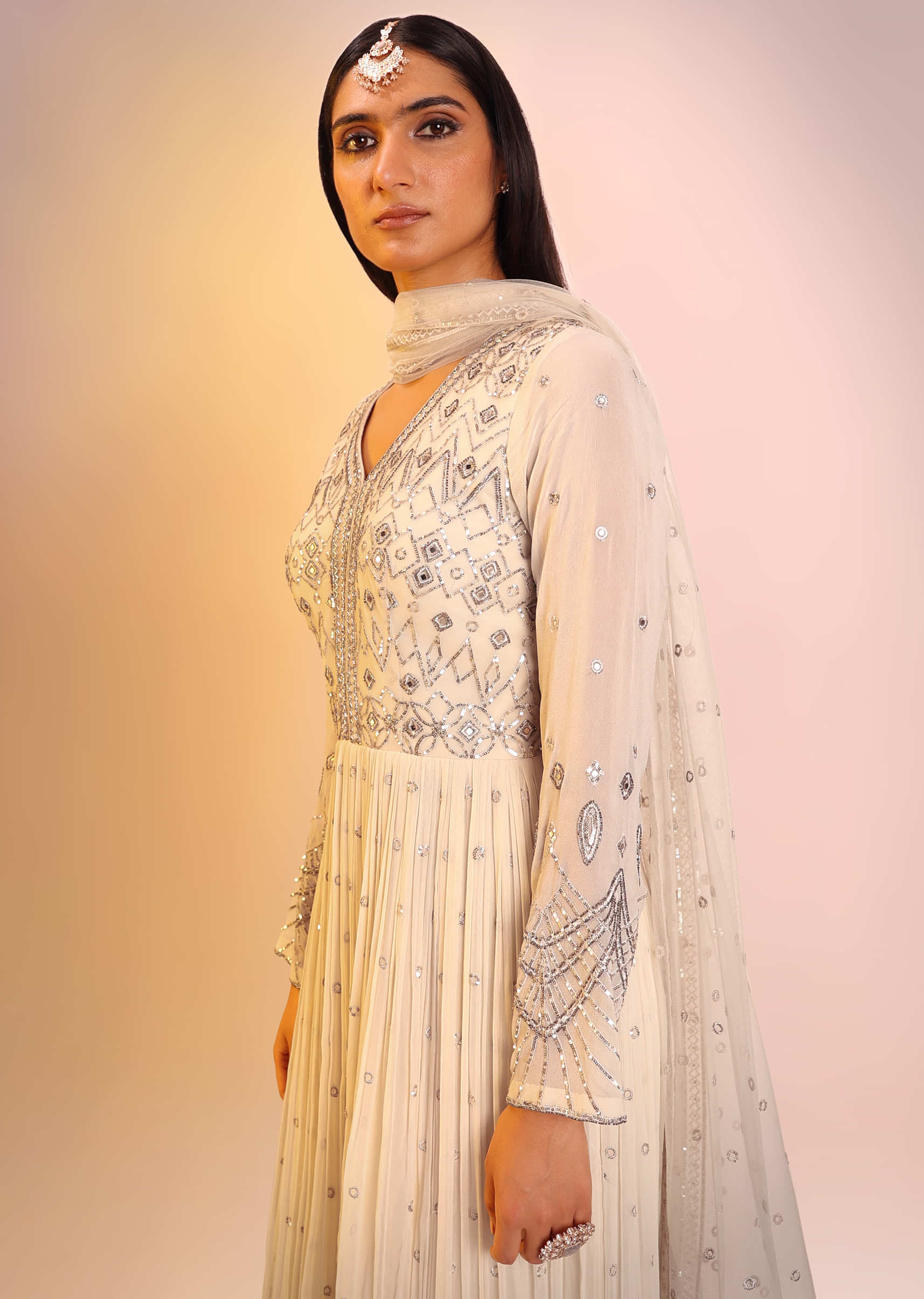 Off White Sharara Suit In Georgette With Sequins And Mirror Embroidered Geometric Design