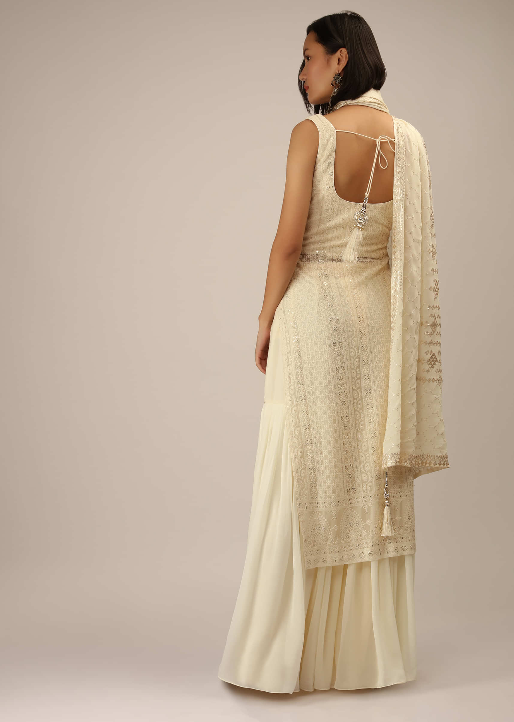 Off White Sharara Suit In Georgette With Lucknowi Thread Embroidery In Mughal Design