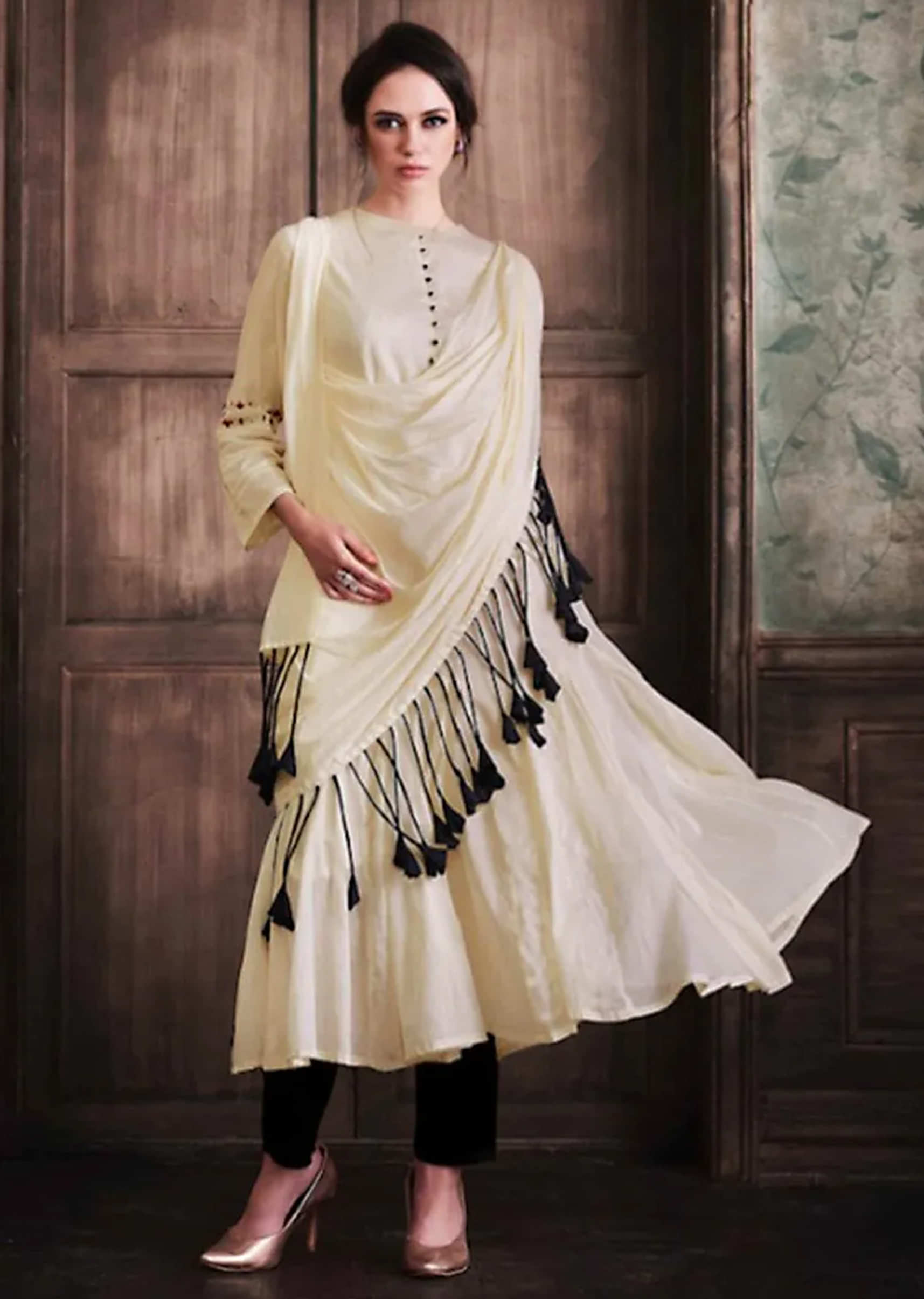 Off White Tunic In Cotton With Attached Dupatta  