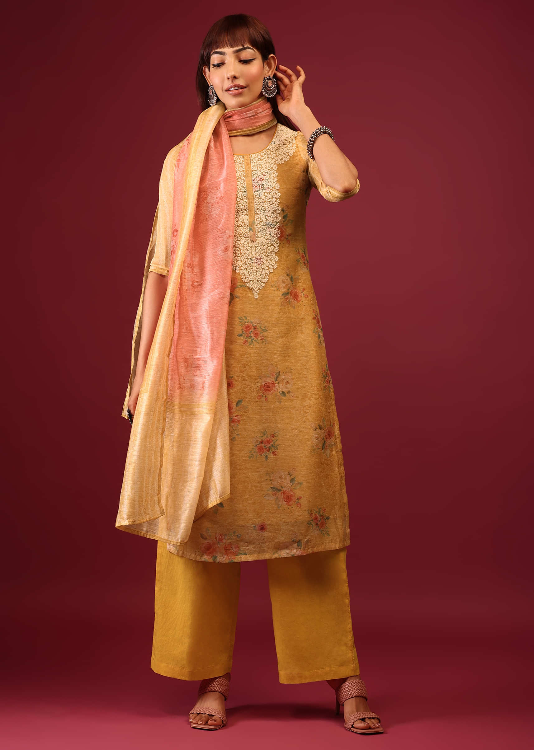 Old Gold Yellow Floral Print Palazzo Suit In U Neckline With Thread And Zari Embroidery