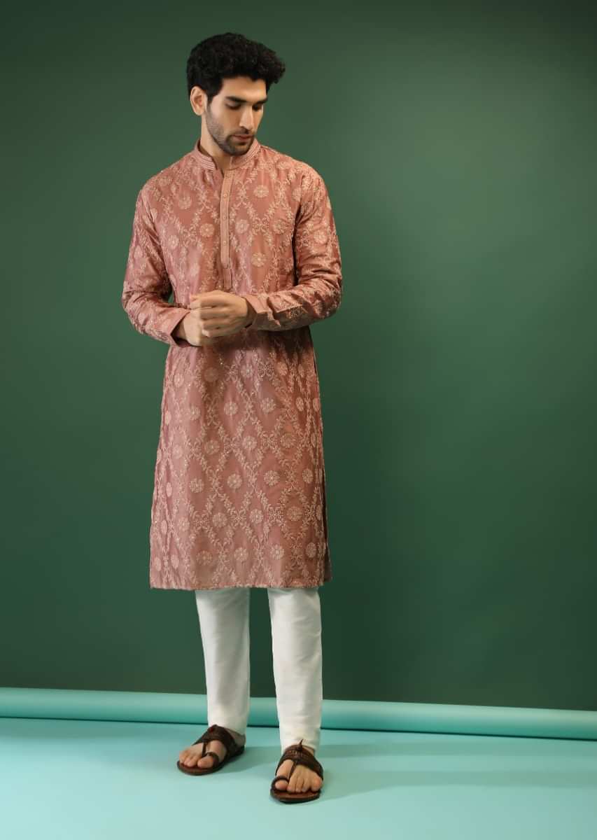 Buy Old Rose Pink Kurta Set In Silk With Lucknowi Thread Embroidered ...