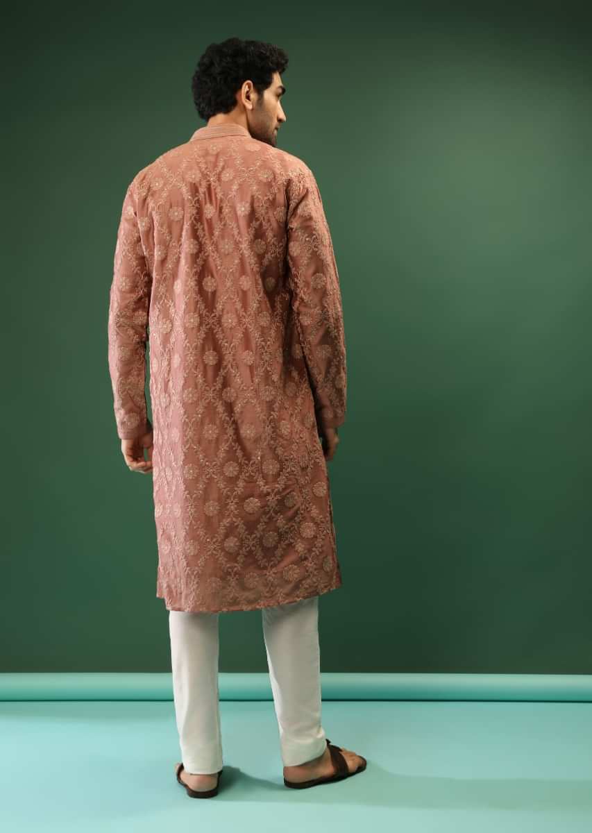Old Rose Pink Kurta Set In Silk With Lucknowi Thread Embroidered Floral Jaal  