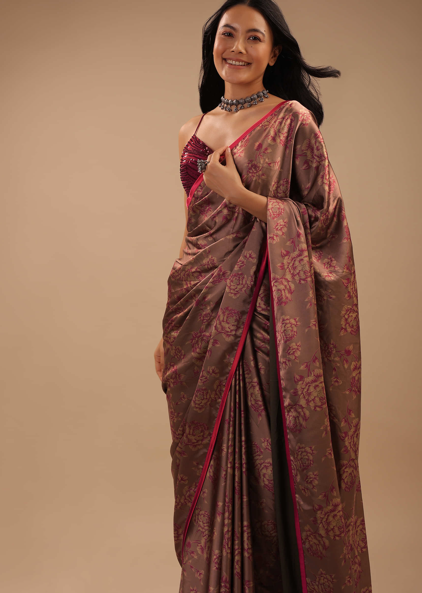 Old Rose Pink Saree With Satin Borders And Floral Print