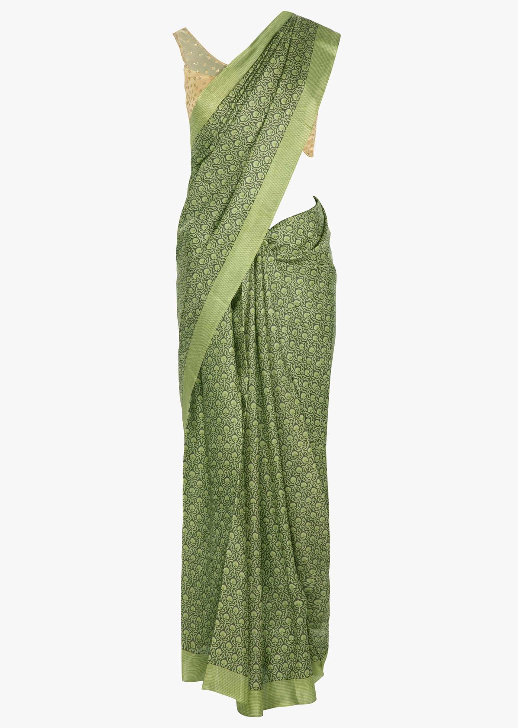 Olive green cotton silk saree in floral print