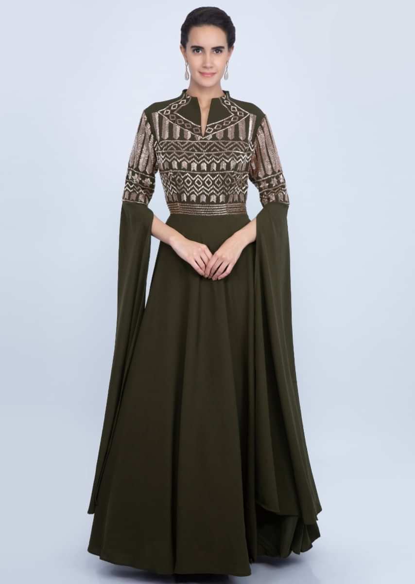 Olive green double georgette gown with embroidered bodice and long flared sleeves only on Kalki