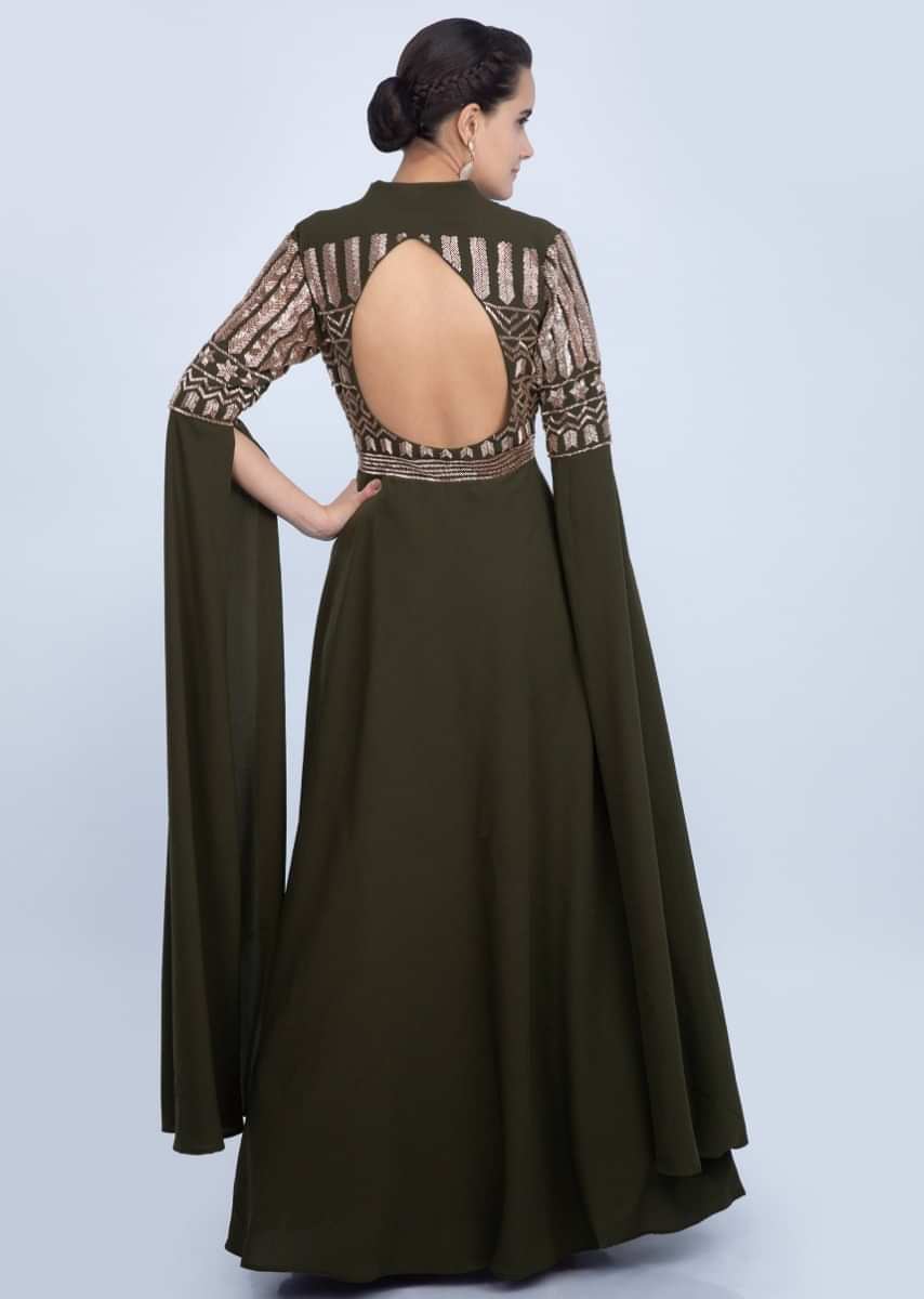 Olive green double georgette gown with embroidered bodice and long flared sleeves only on Kalki