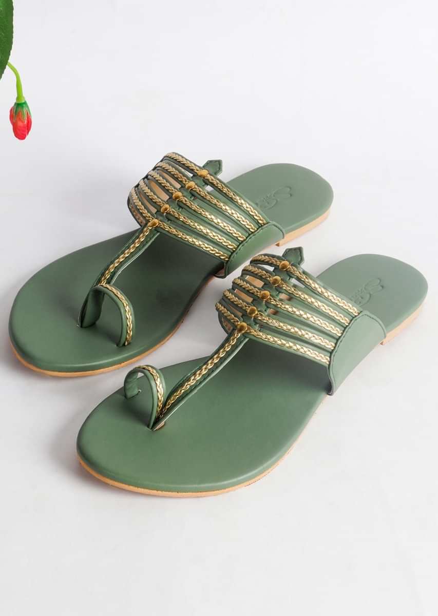 Olive Green Kolhapuri With Gold Braid And Gold Rivets By Sole House