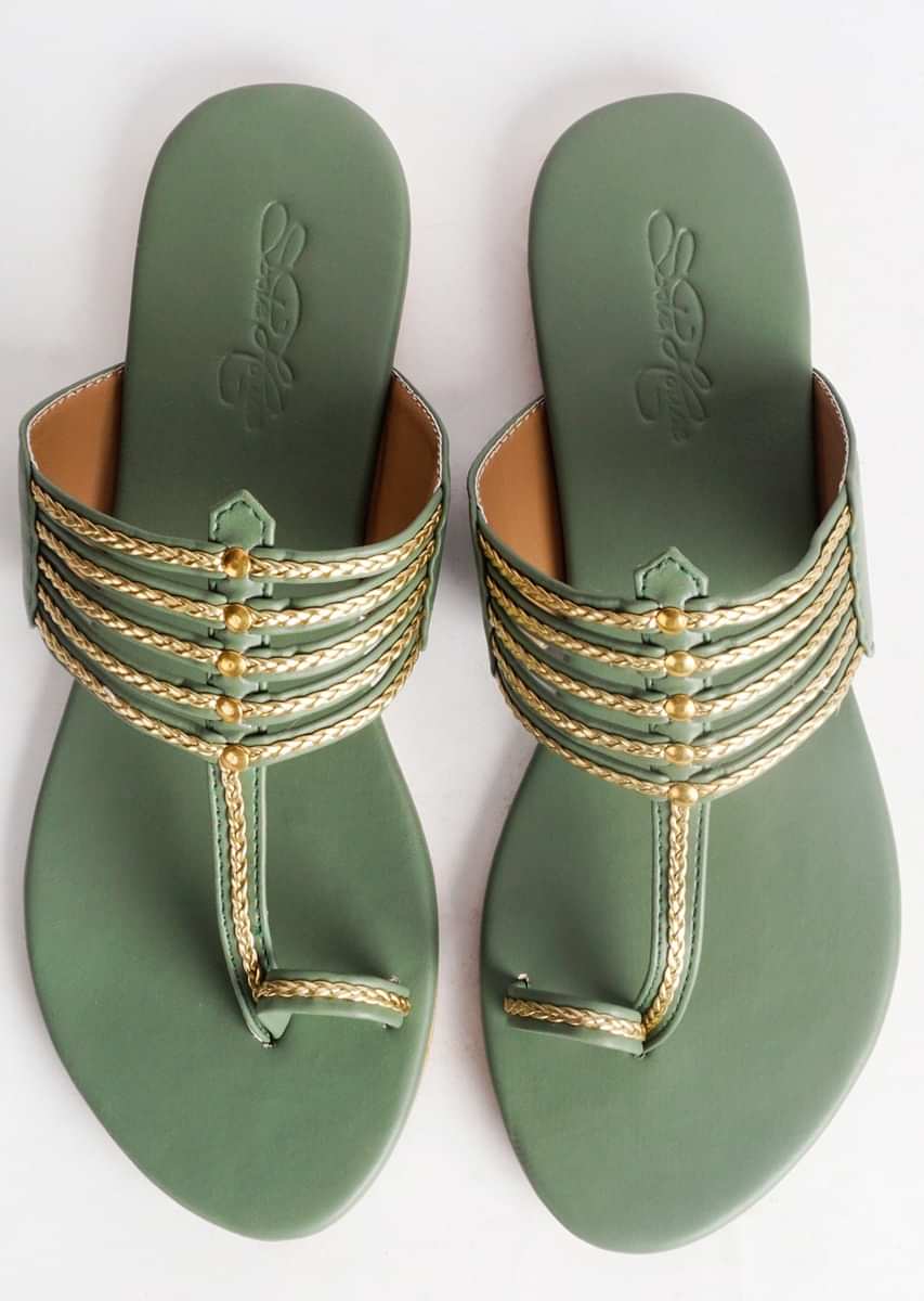 Olive Green Kolhapuri With Gold Braid And Gold Rivets By Sole House