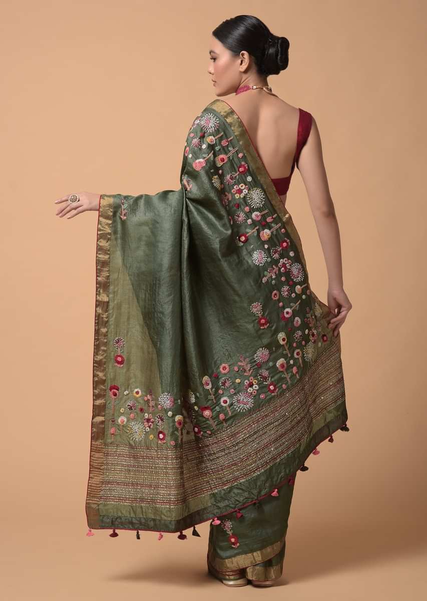 Olive Green Saree In Tussar Silk With Hand Embroidered Floral Motifs Using Thread And French Knots Online - Kalki Fashion