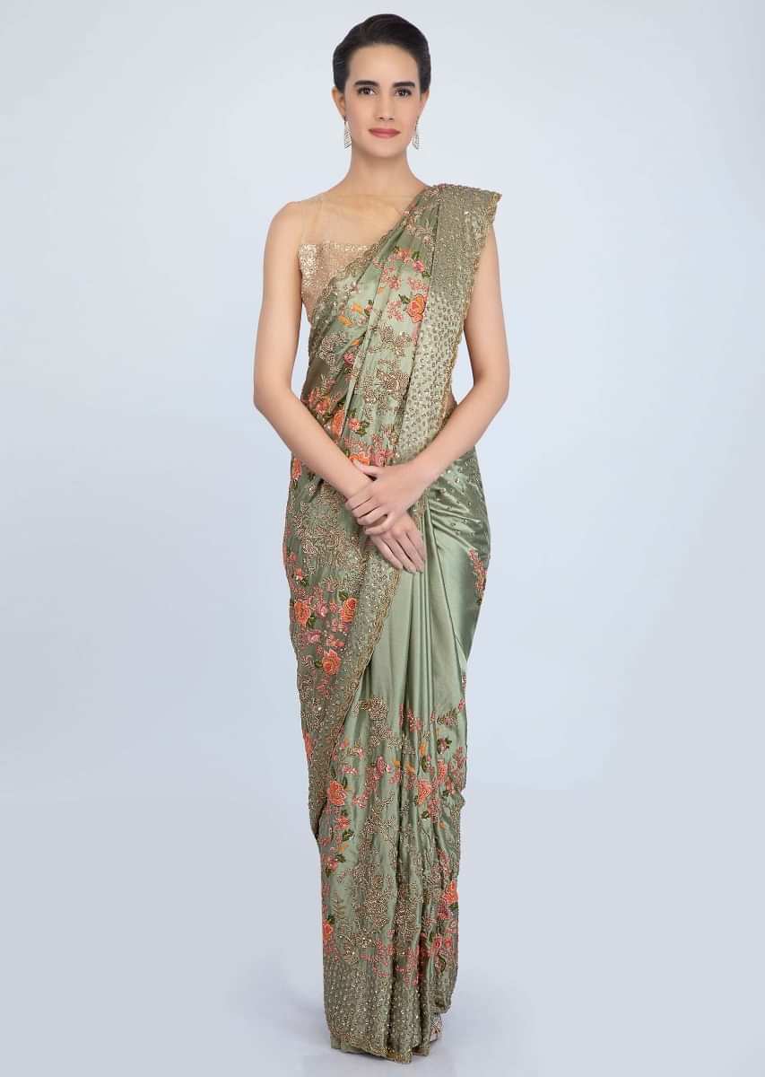 Olive Green Saree In Satin With Embroidered Butti And Border Online - Kalki Fashion