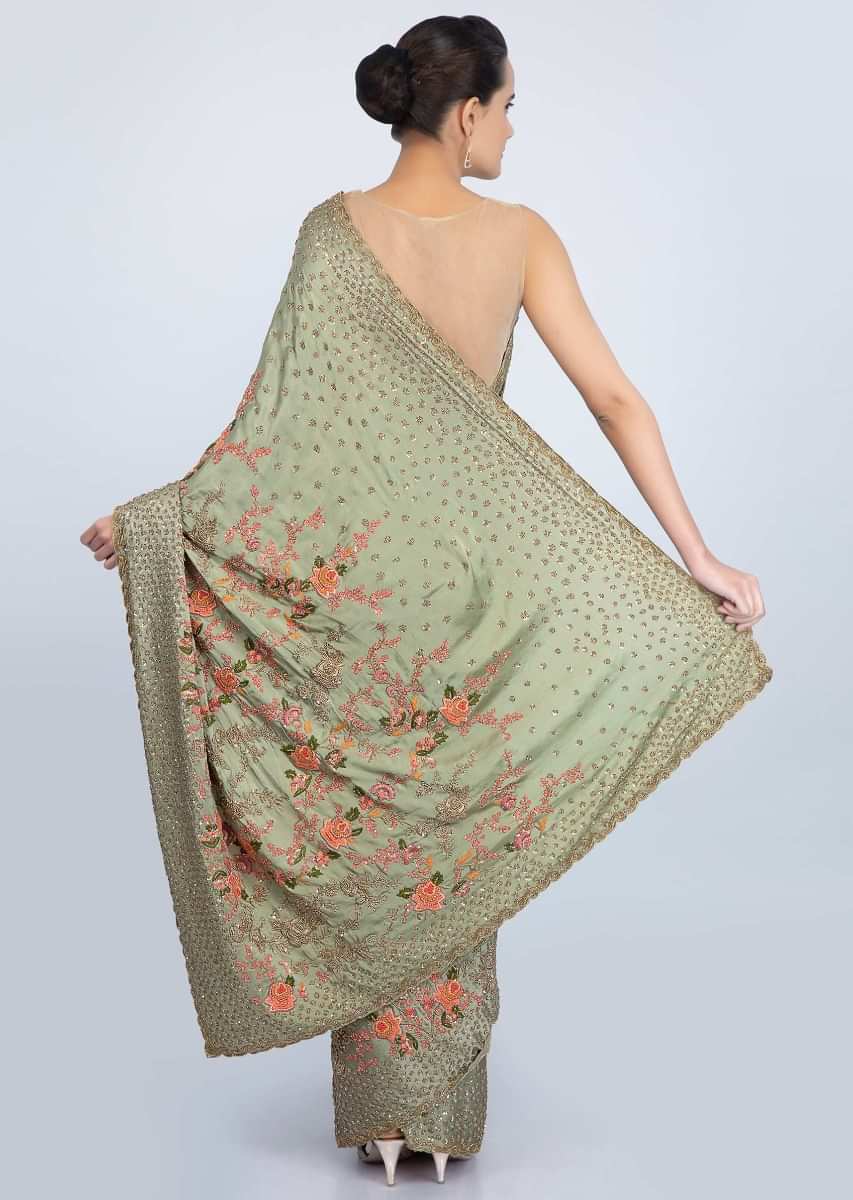 Olive Green Saree In Satin With Embroidered Butti And Border Online - Kalki Fashion
