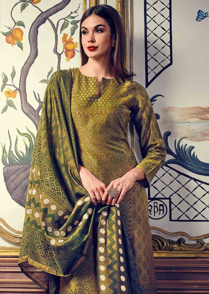 Olive Green Straight Suit Featuring In Silk With Polka Dots, Jaal And Butti Print All Over Online - Kalki Fashion