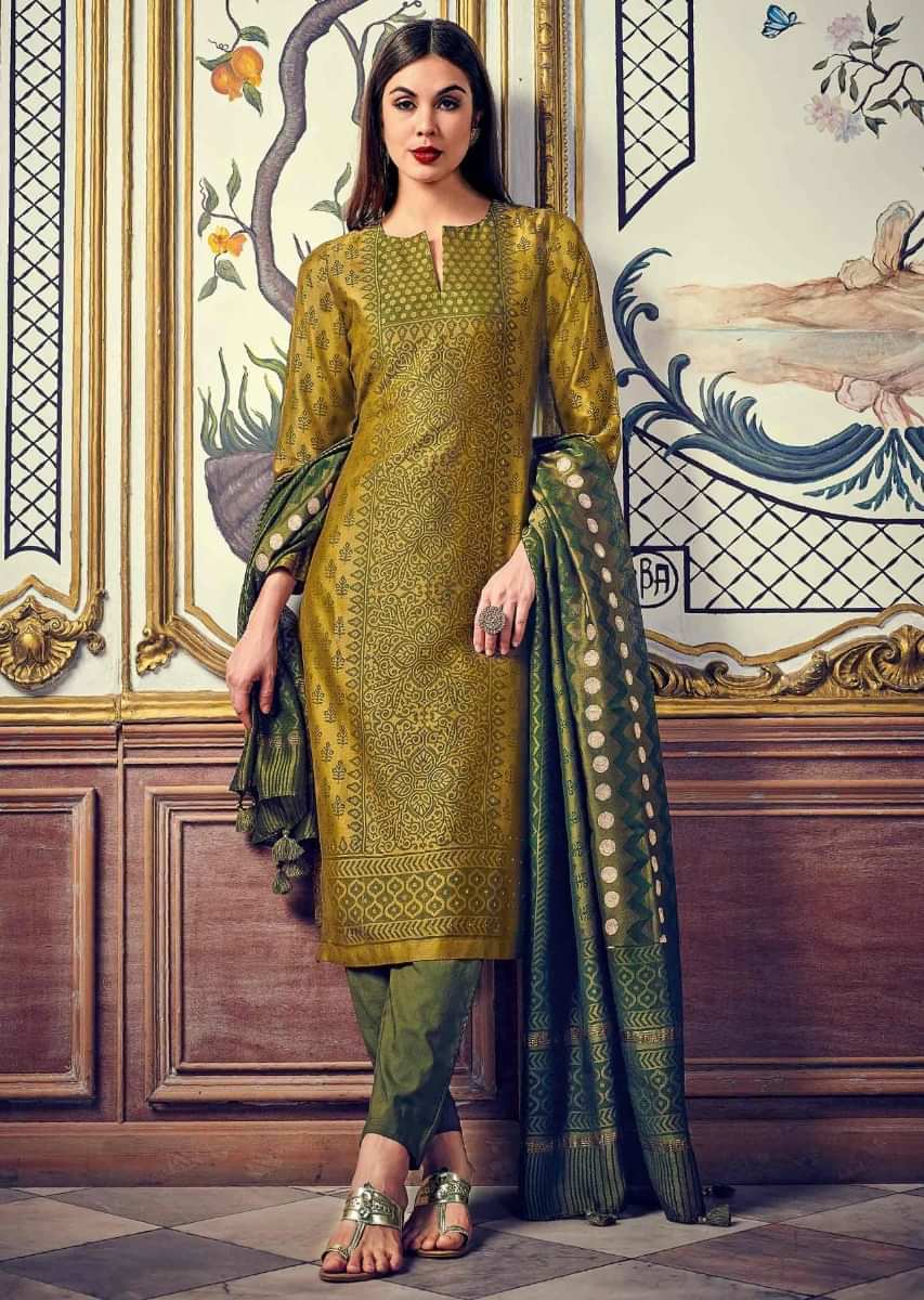Olive Green Straight Suit Featuring In Silk With Polka Dots, Jaal And Butti Print All Over Online - Kalki Fashion
