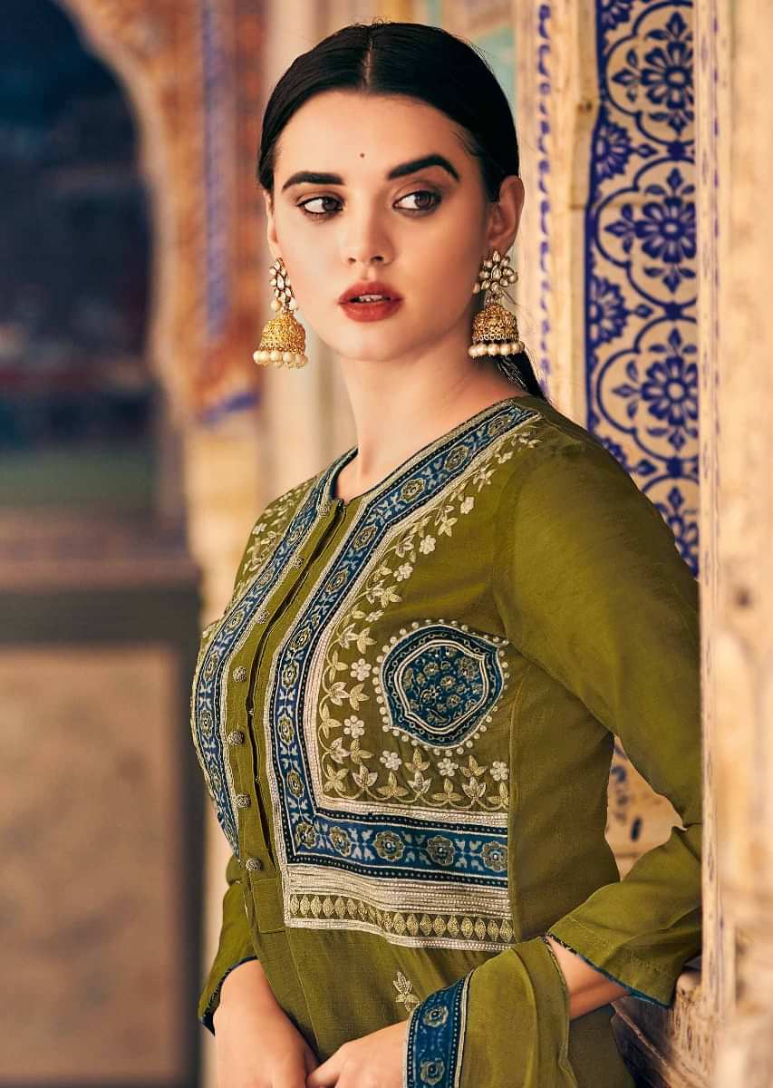 Olive green straight suit with embroidered illusion jacket 