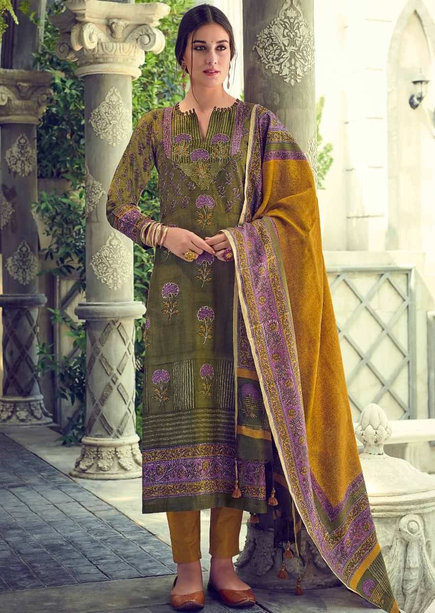 Olive Green Suit In Tussar Silk With Block Printed Floral Buttis  s
