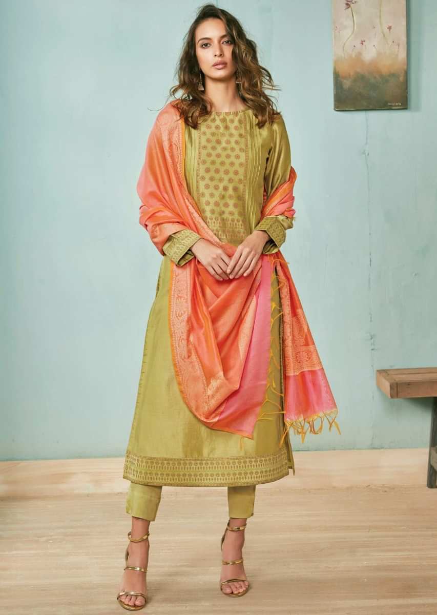 Olive green unstitched suit adorn in geometric motif printed placket matched with peach dupatta