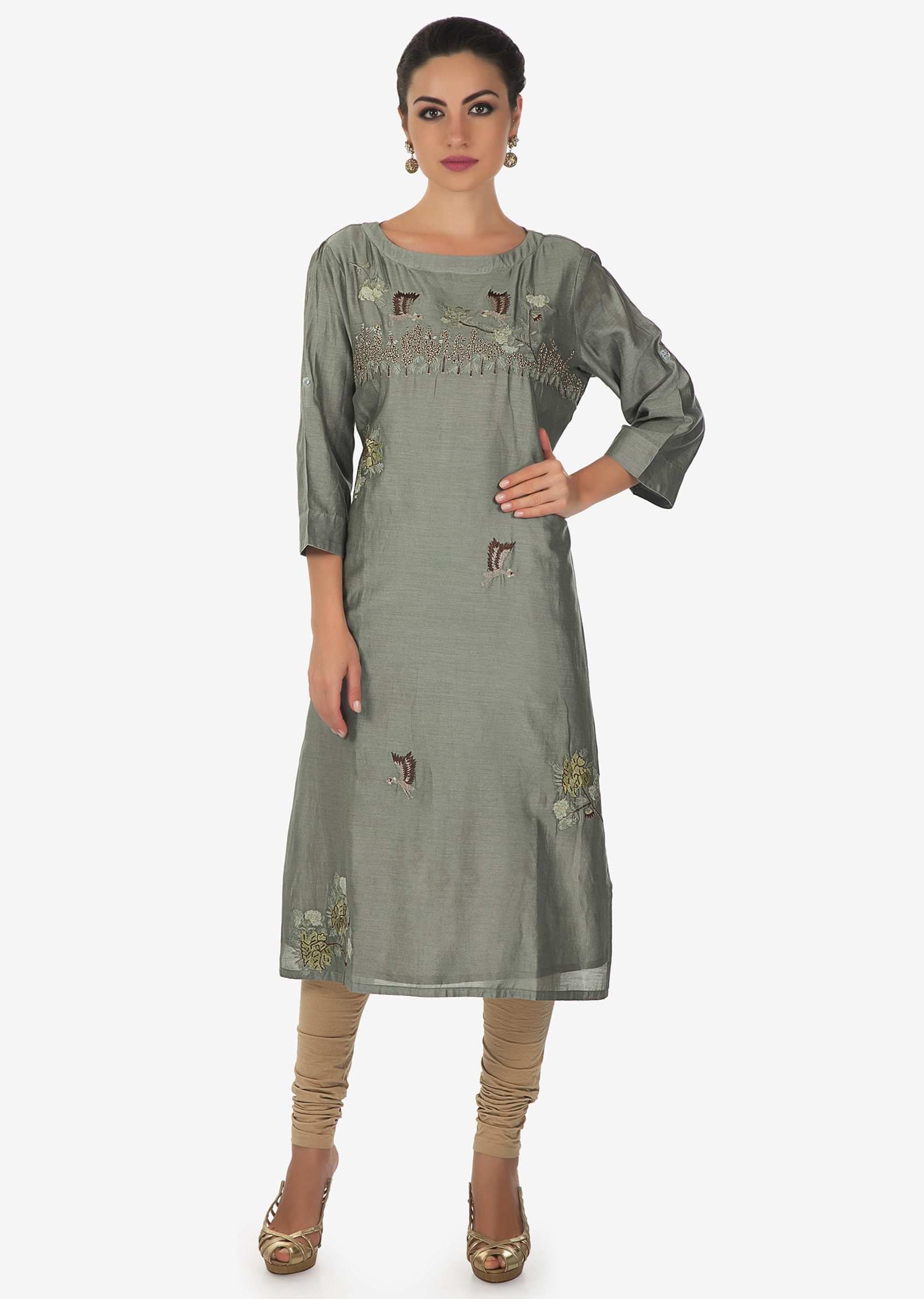 Olive grey kurti embellished in bird and floral embroidery in resham only on Kalki