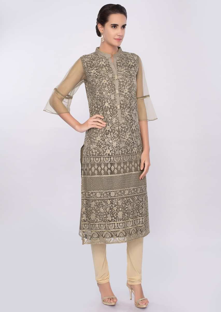 Olive Grey Kurti In Net With Thread Jaal Embroidery Online - Kalki Fashion