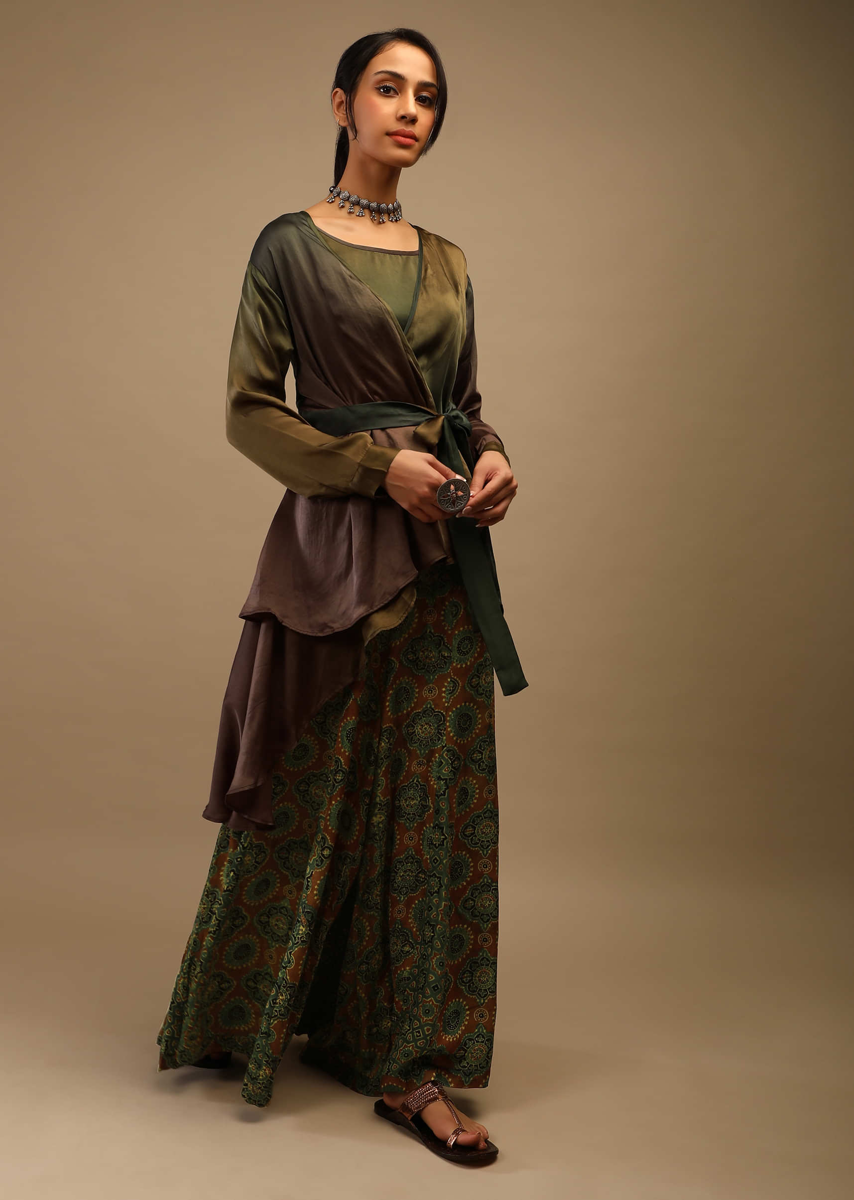 Olive And Brown Shaded Satin Wrap Around Jacket And Ethnic Printed Palazzo Pants Set  