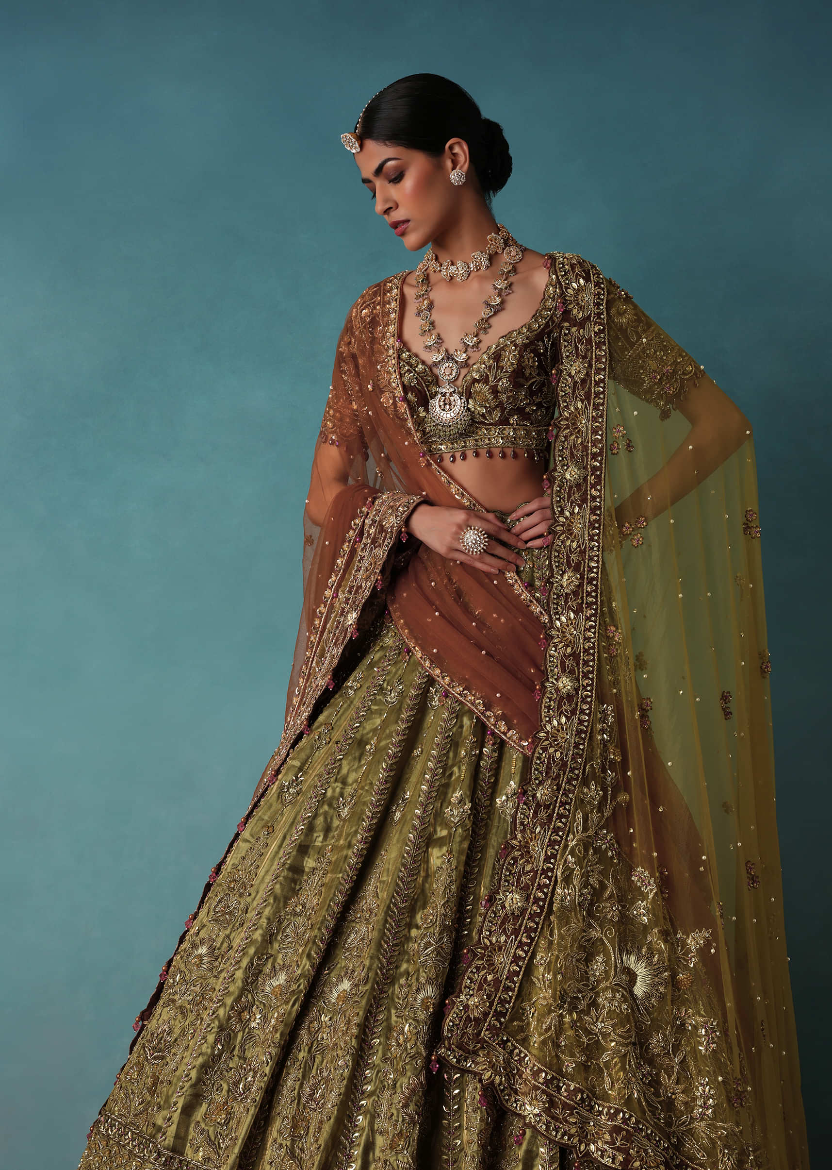 Olive Gold Bridal Lehenga Set Adorned With Sequins And Pearls