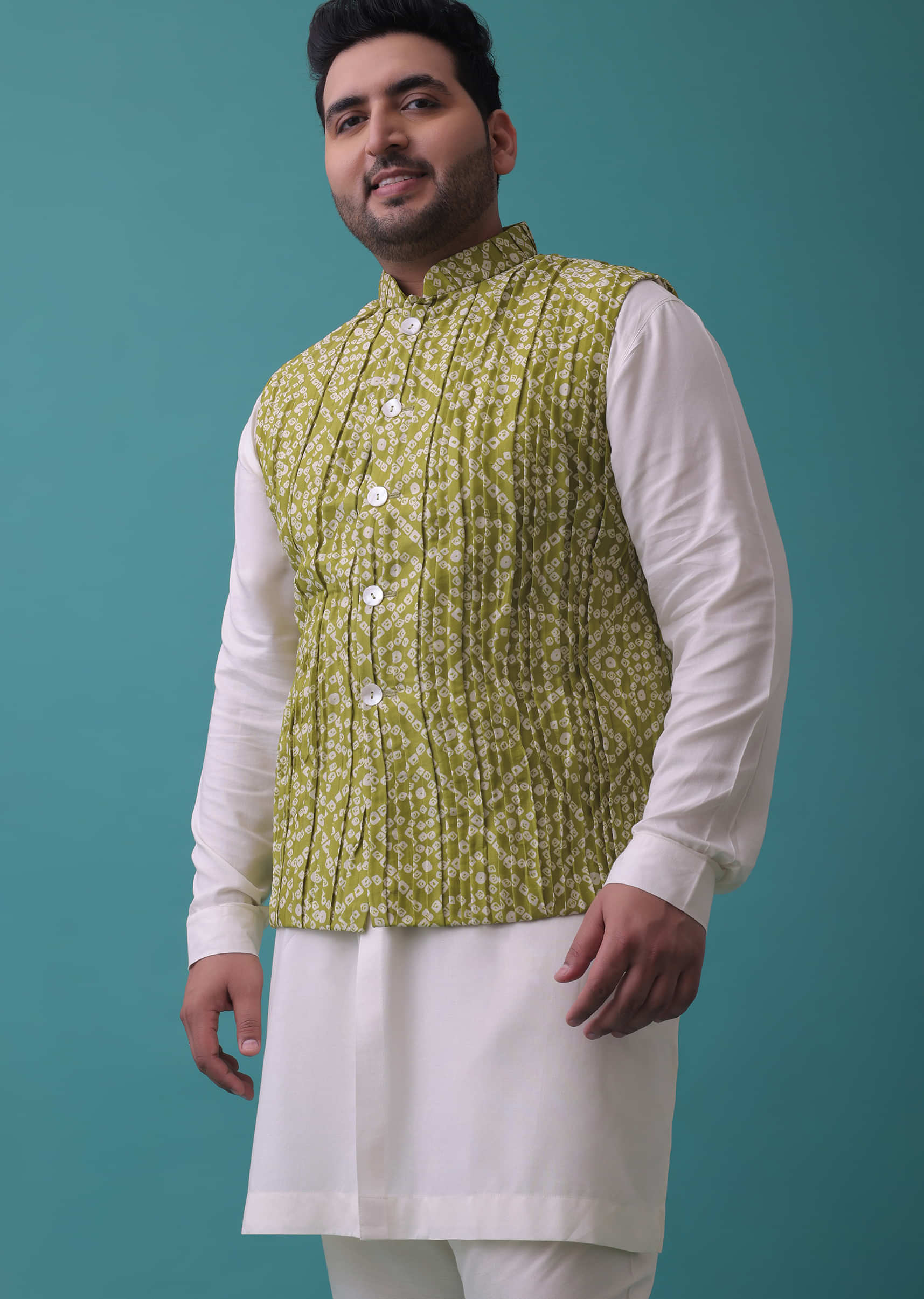 Buy Olive Green Jacket Kurta Set In Tussar Silk With Bandhani Print