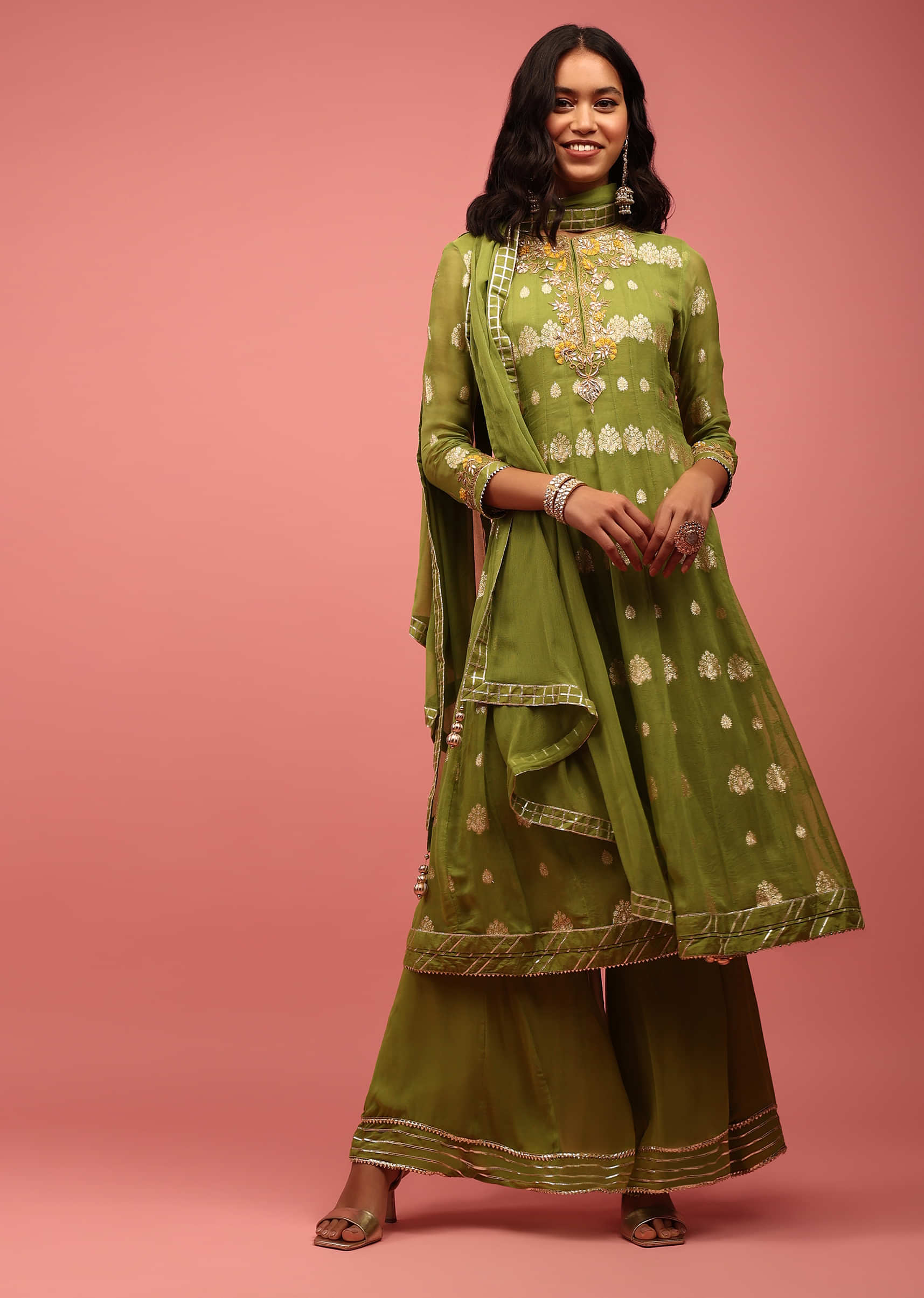 Olive Green Anarkali Suit Set In Banarasi Georgette, Embellished With Brocade And Zardosi Work