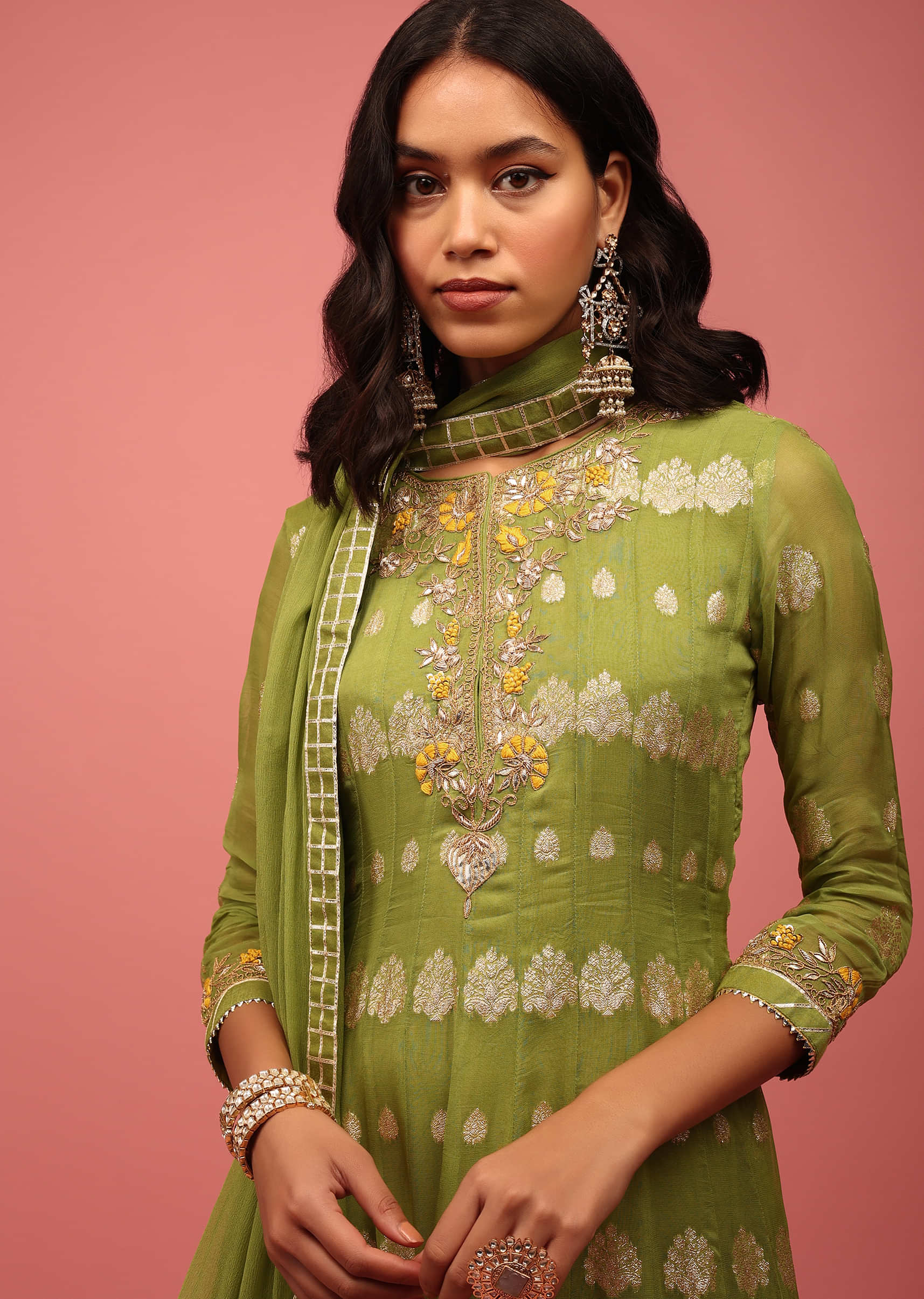 Buy Olive Green Anarkali Suit Set In Banarasi Georgette, Embellished ...