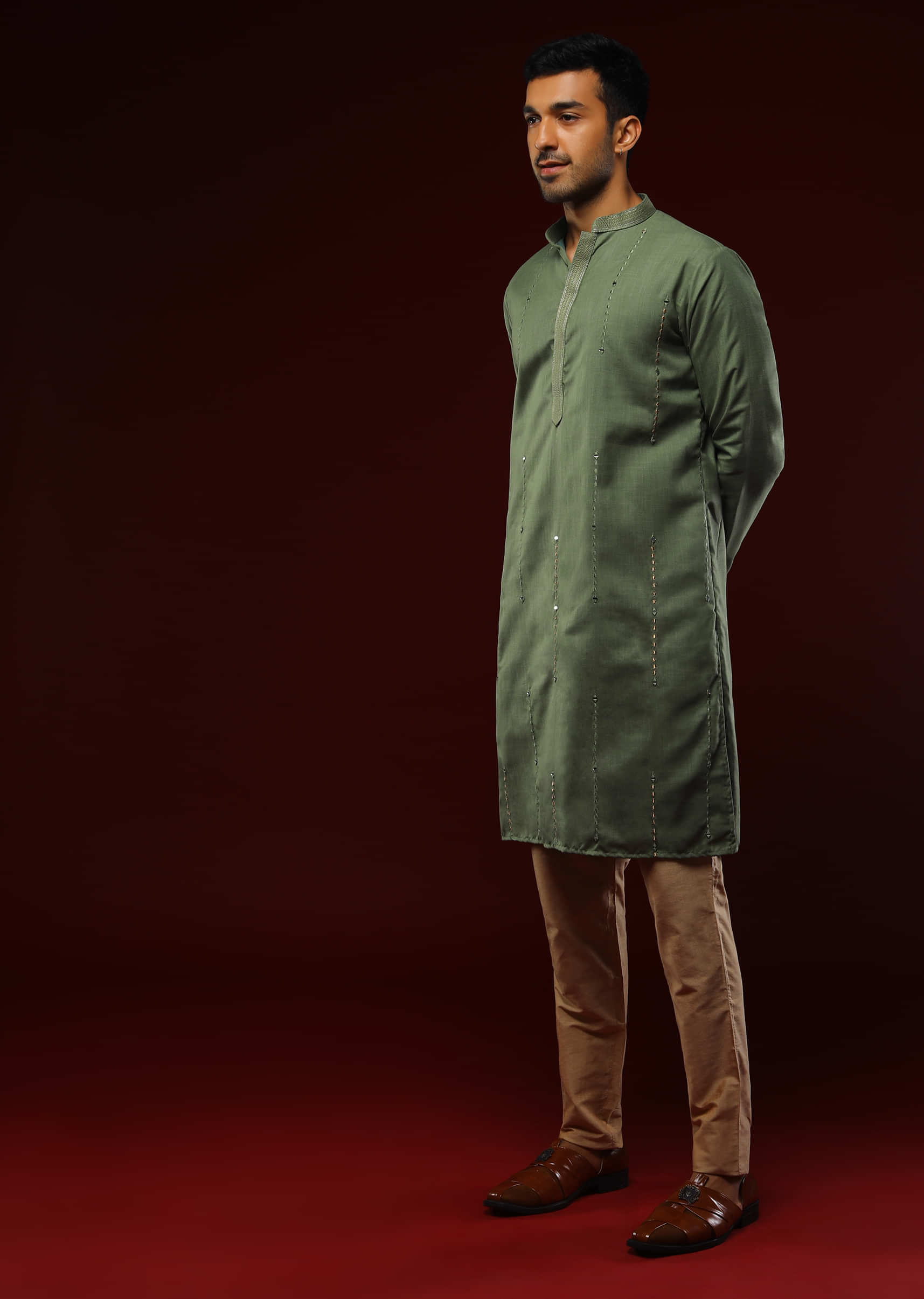 Olive Green Kurta Set With Mirror Abla And Zari Embroidered Vertical Stripes