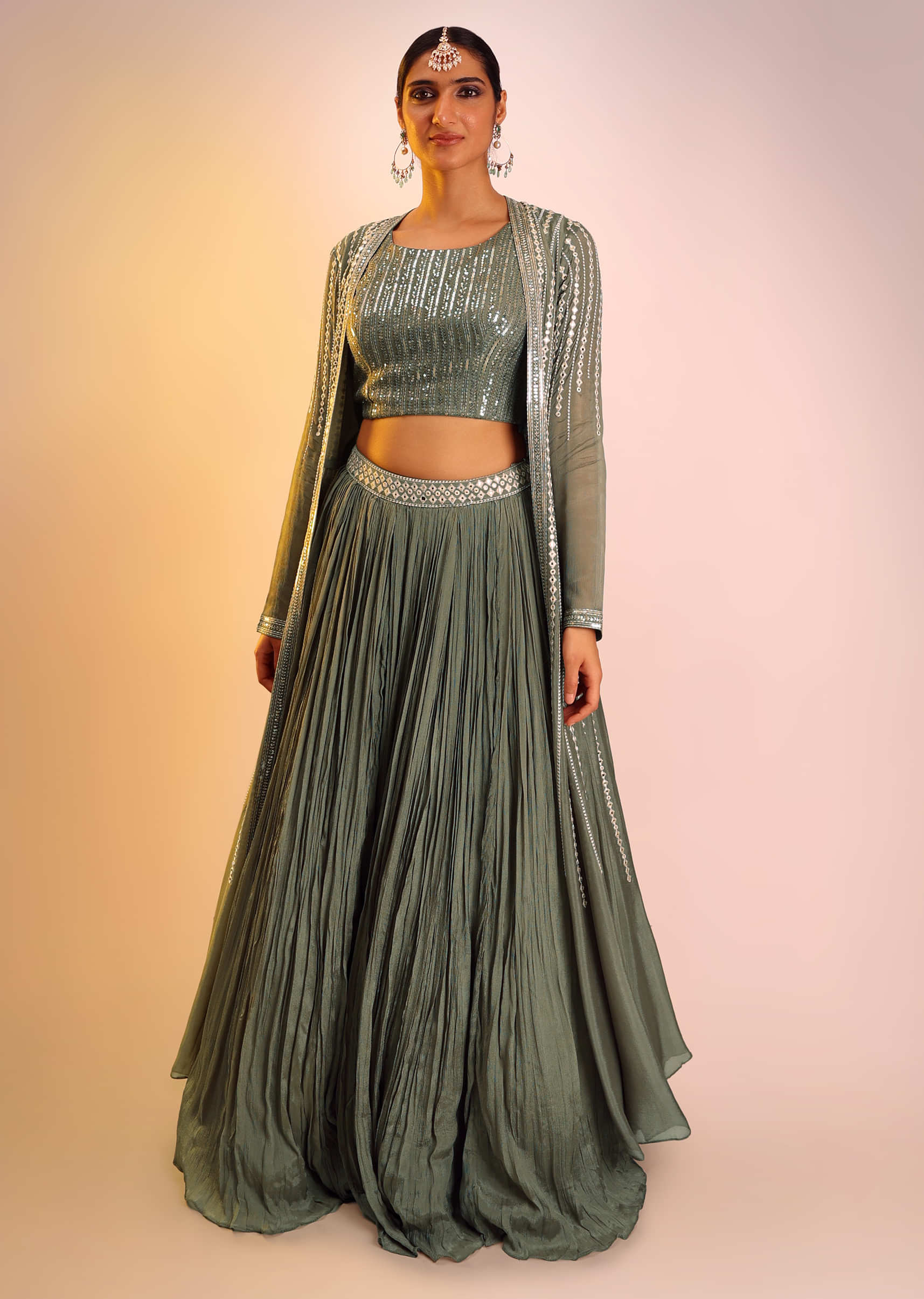 Olive Green Lehenga, Crop Top And Jacket Set With Mirror Abla Embroidery Detailing