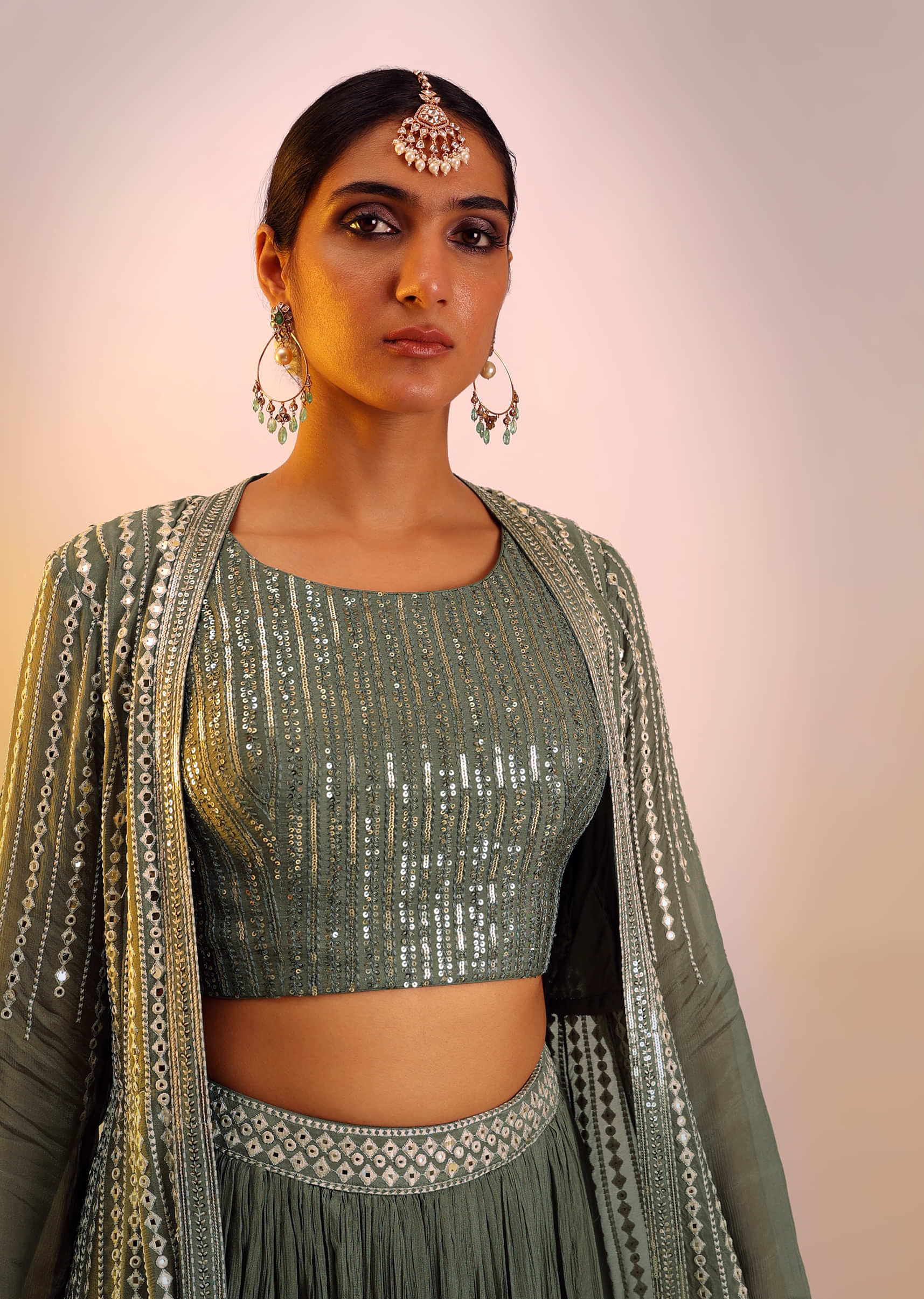 Olive Green Lehenga, Crop Top And Jacket Set With Mirror Abla Embroidery Detailing