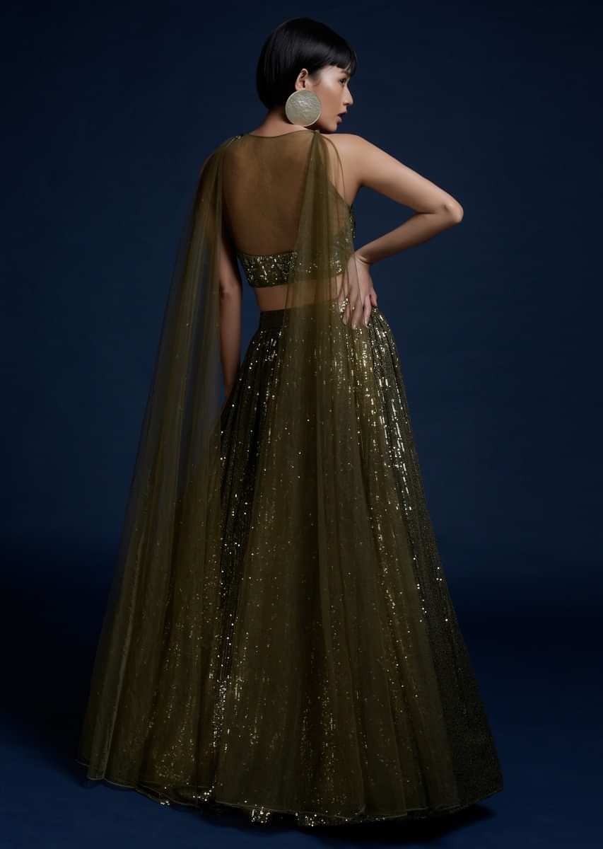 Olive Green Lehenga Embellished In Sequins And Cut Dana Embellished Crop Top With Attached Net Cape