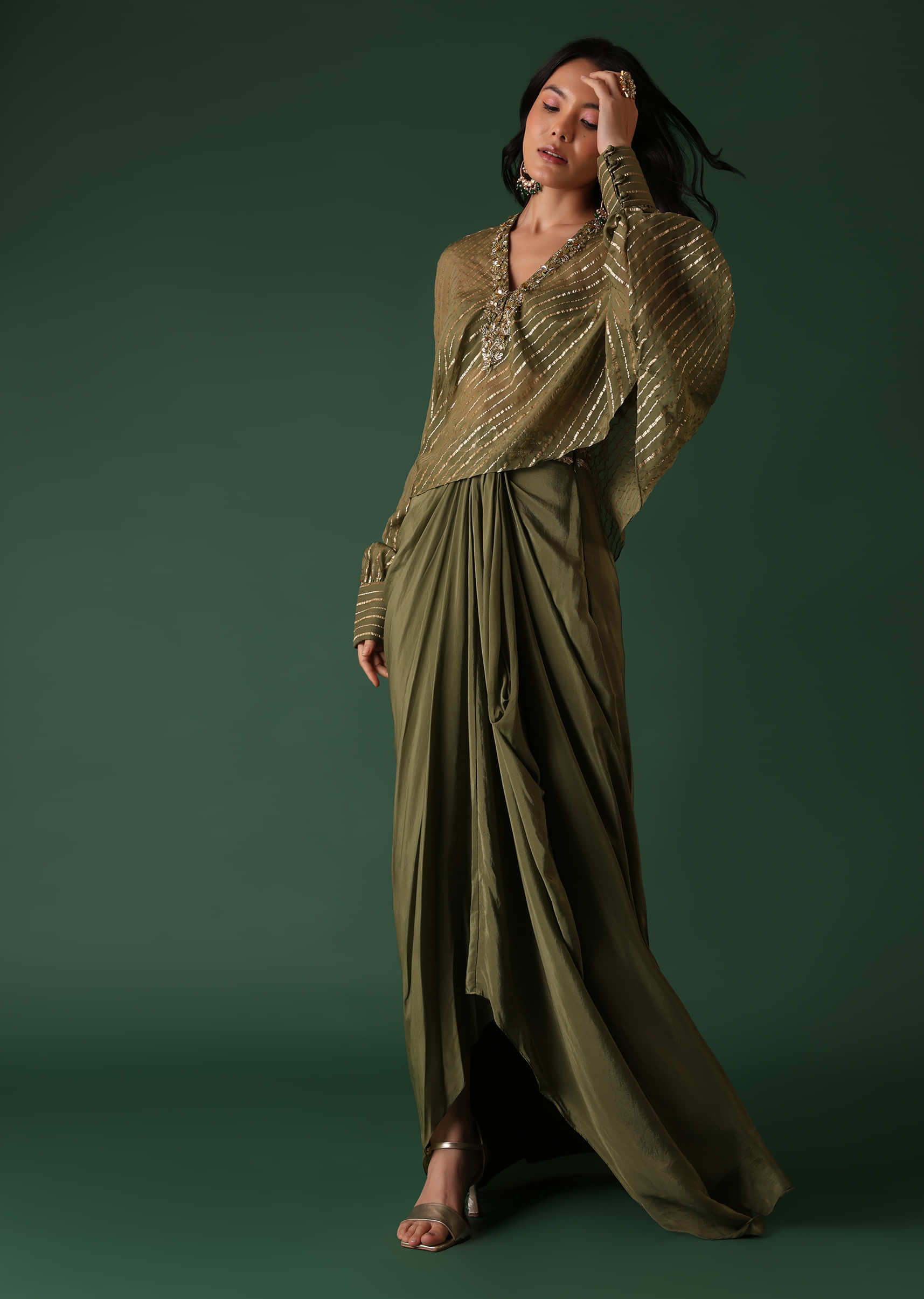 Buy Olive Green Pleated Skirt And Top Set In Crepe