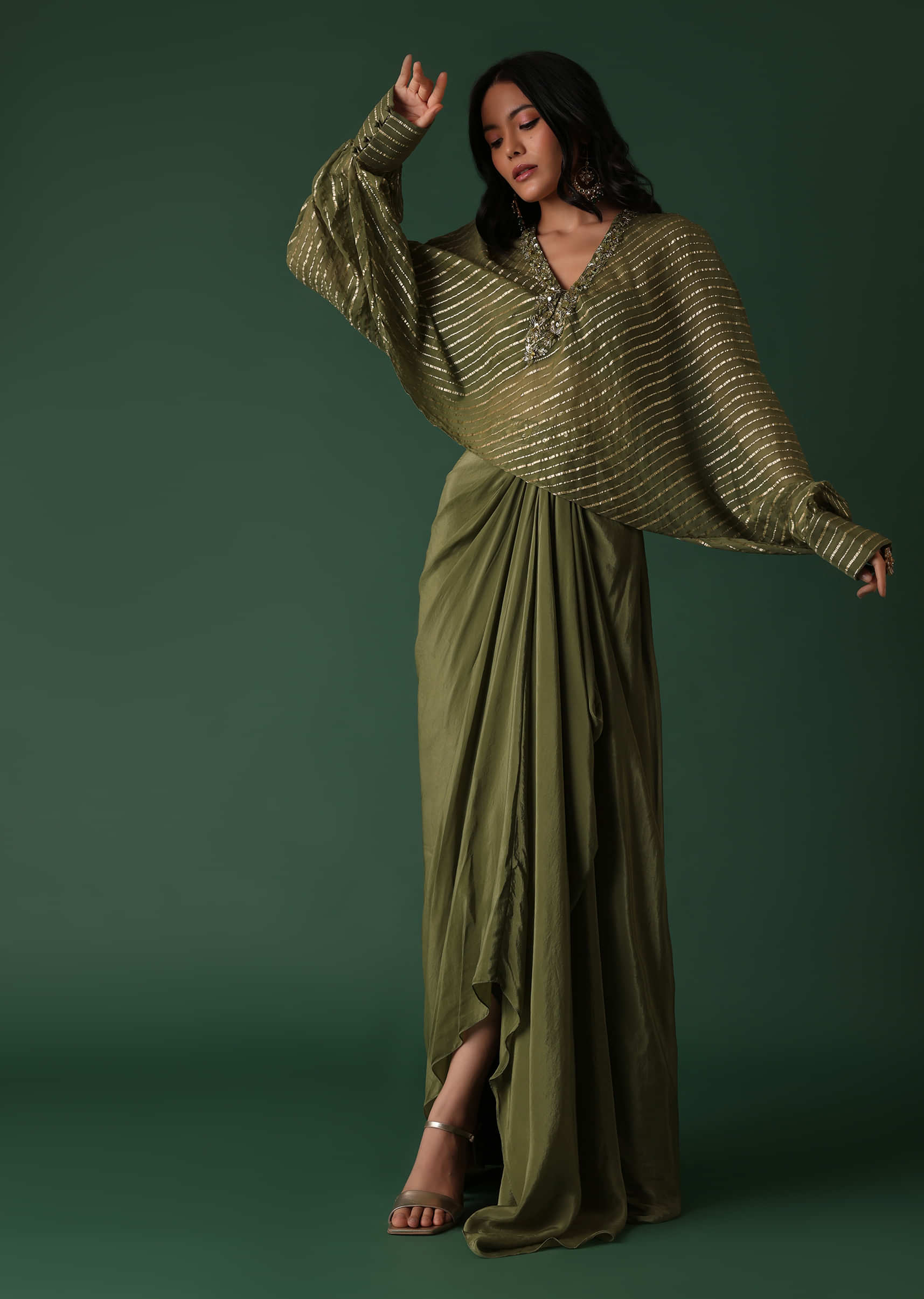 Buy Olive Green Pleated Skirt And Top Set In Crepe