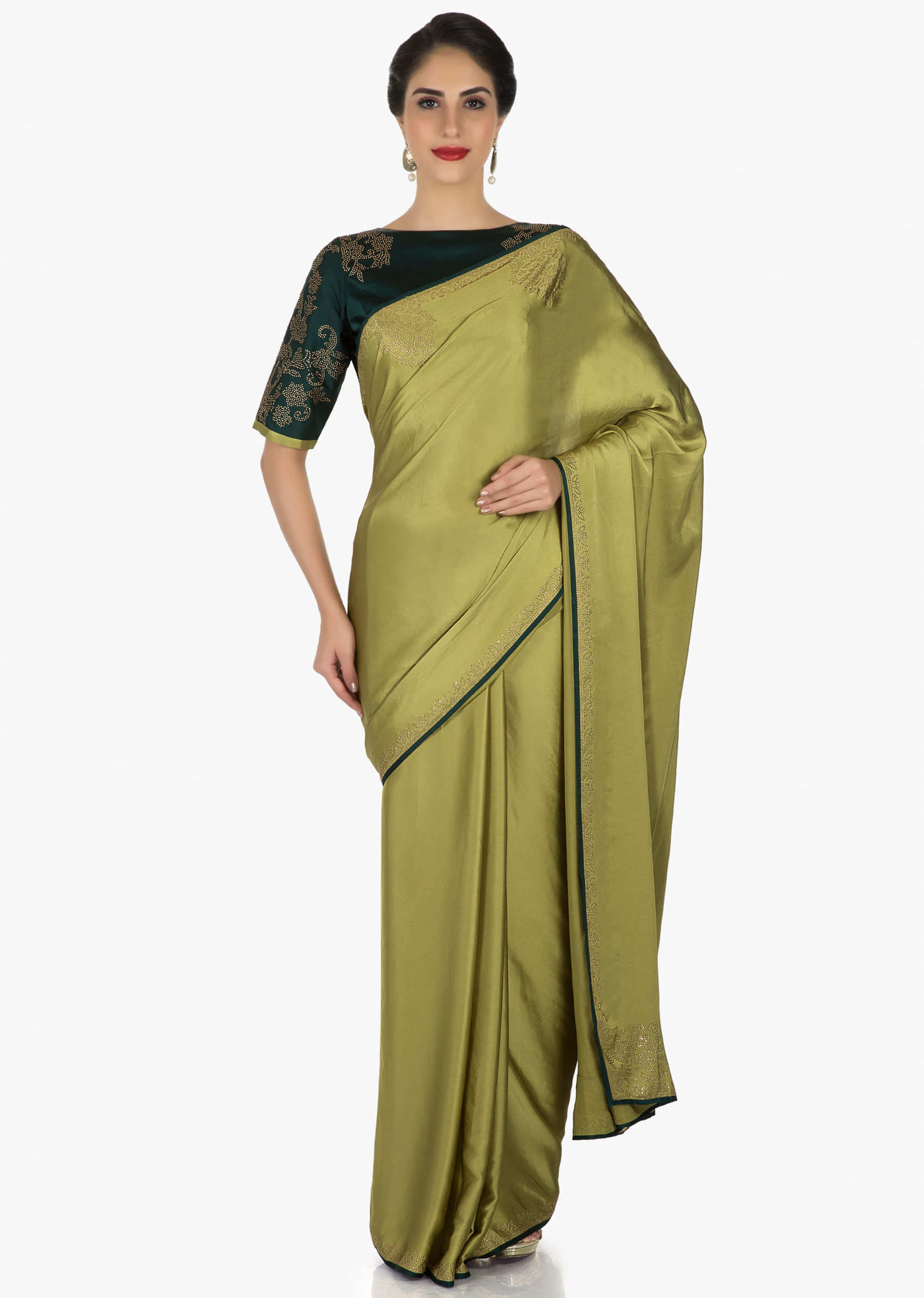 Olive Green Saree Beautified With The Kundan Embroidery Online - Kalki Fashion