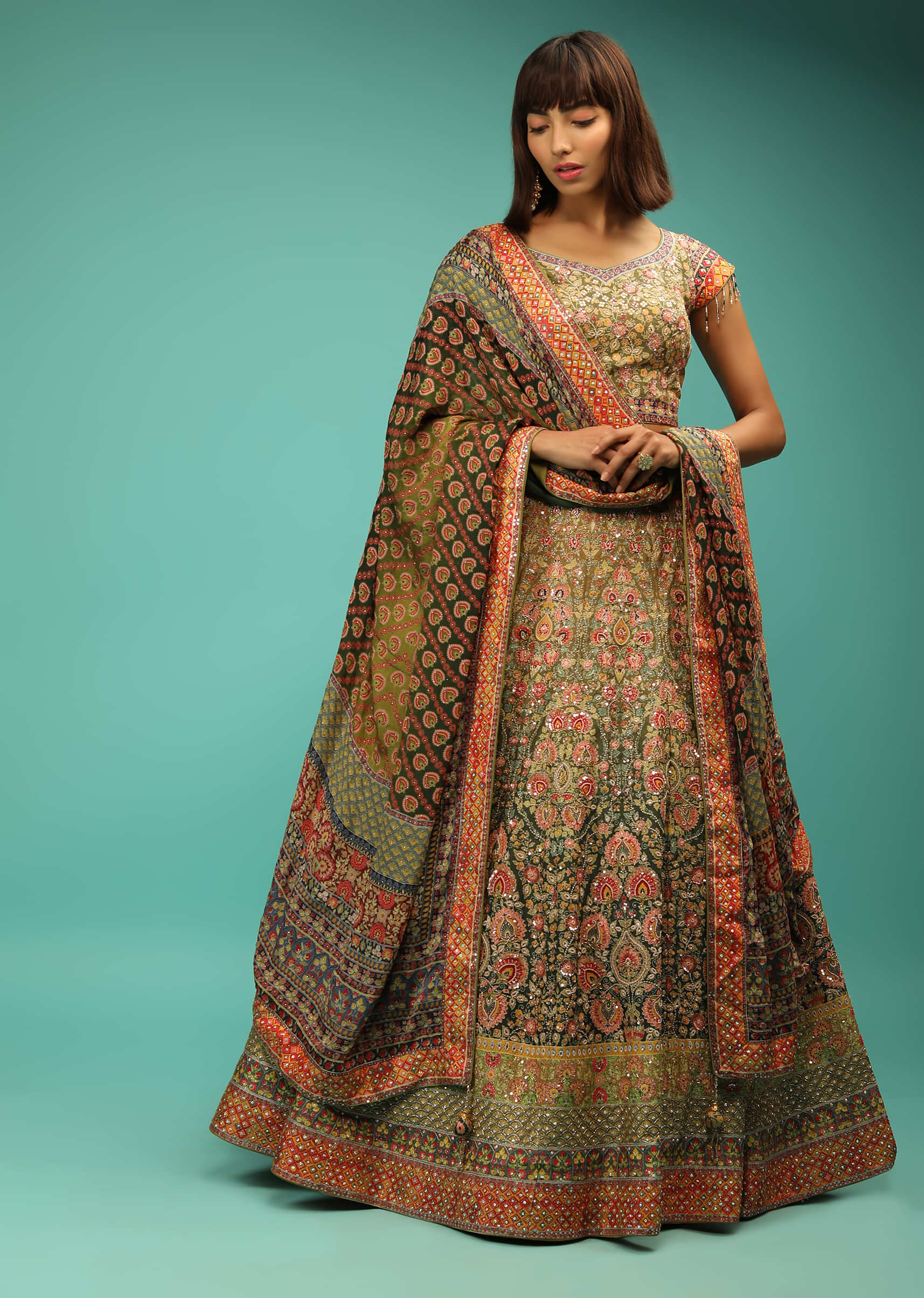 Olive Green Shaded Lehenga Choli With Floral Print And Bead Accents 