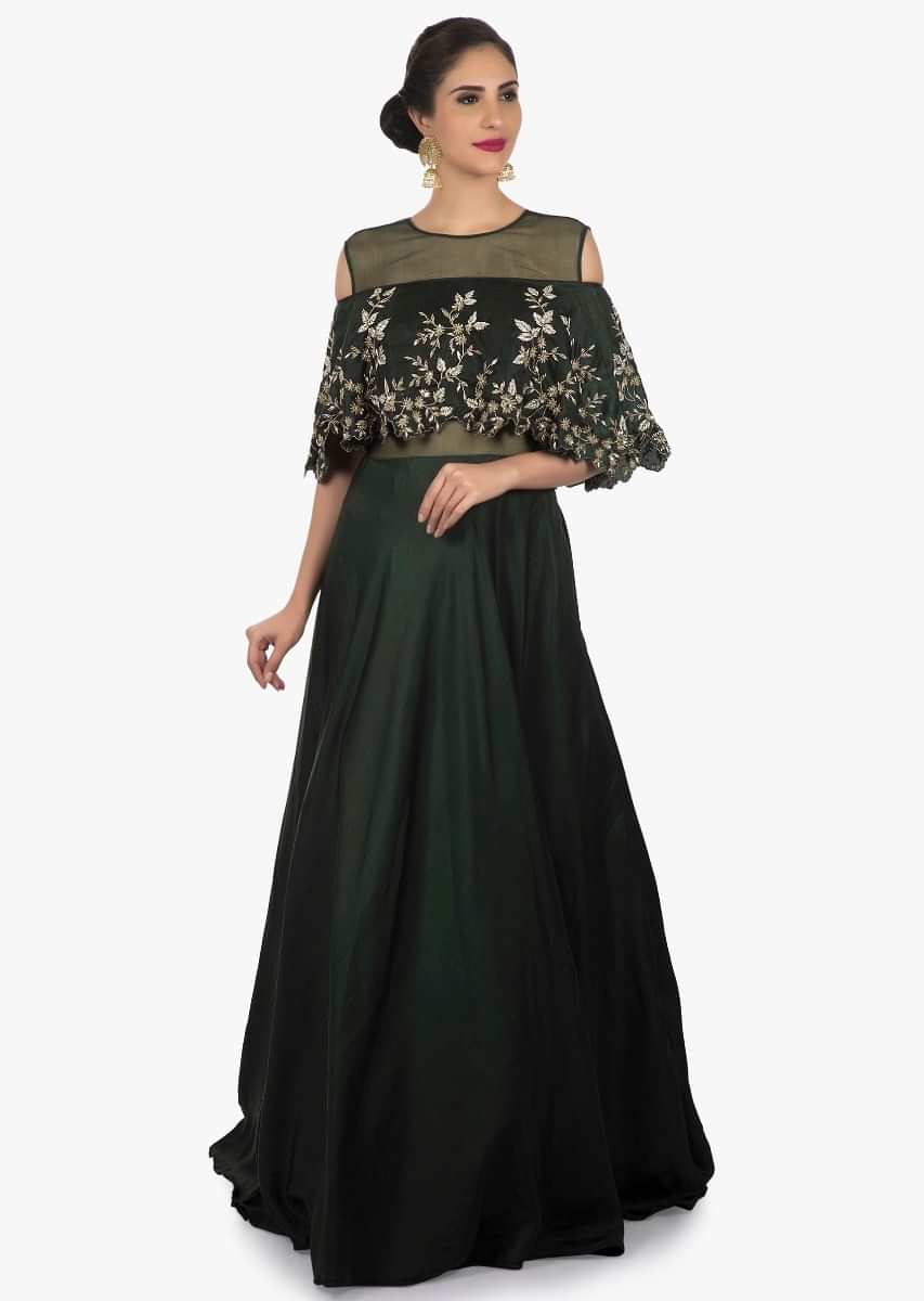 Olive green silk gown in cold shoulder flaunting the zardosi embroidery work only on Kalki