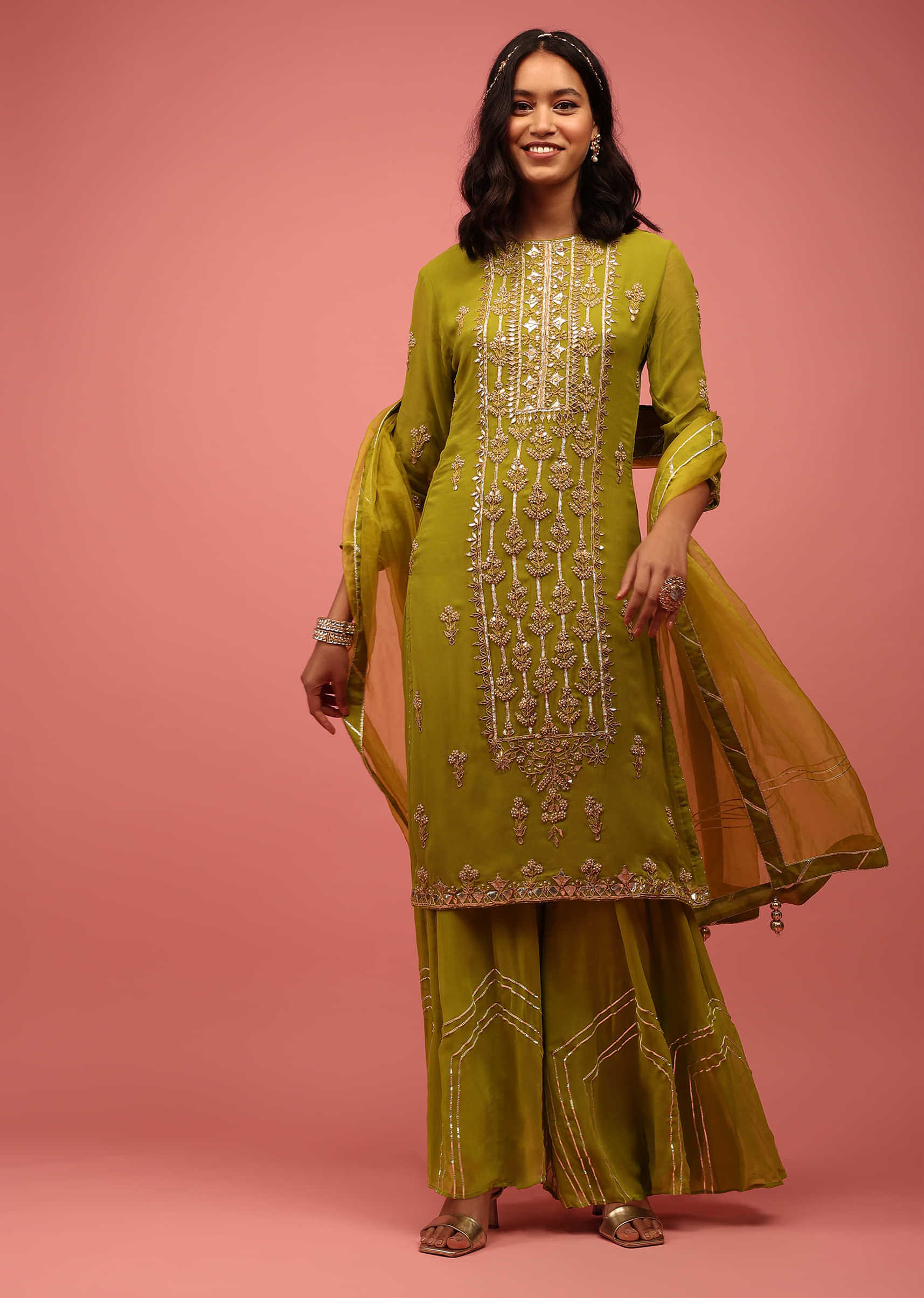 Olive Green Straight Palazzo Suit Fully-Hand Embellished In Georgette With A Dupatta
