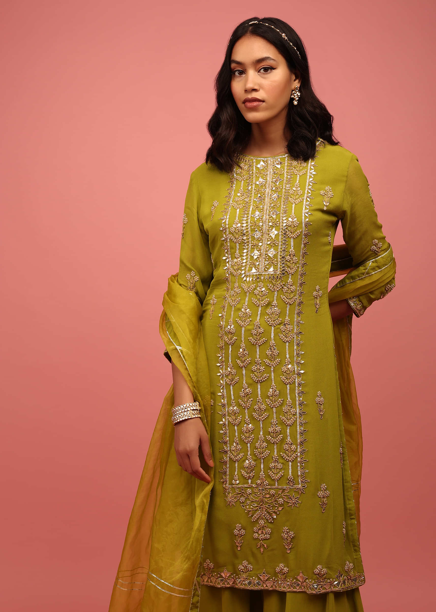 Olive Green Straight Palazzo Suit Fully-Hand Embellished In Georgette